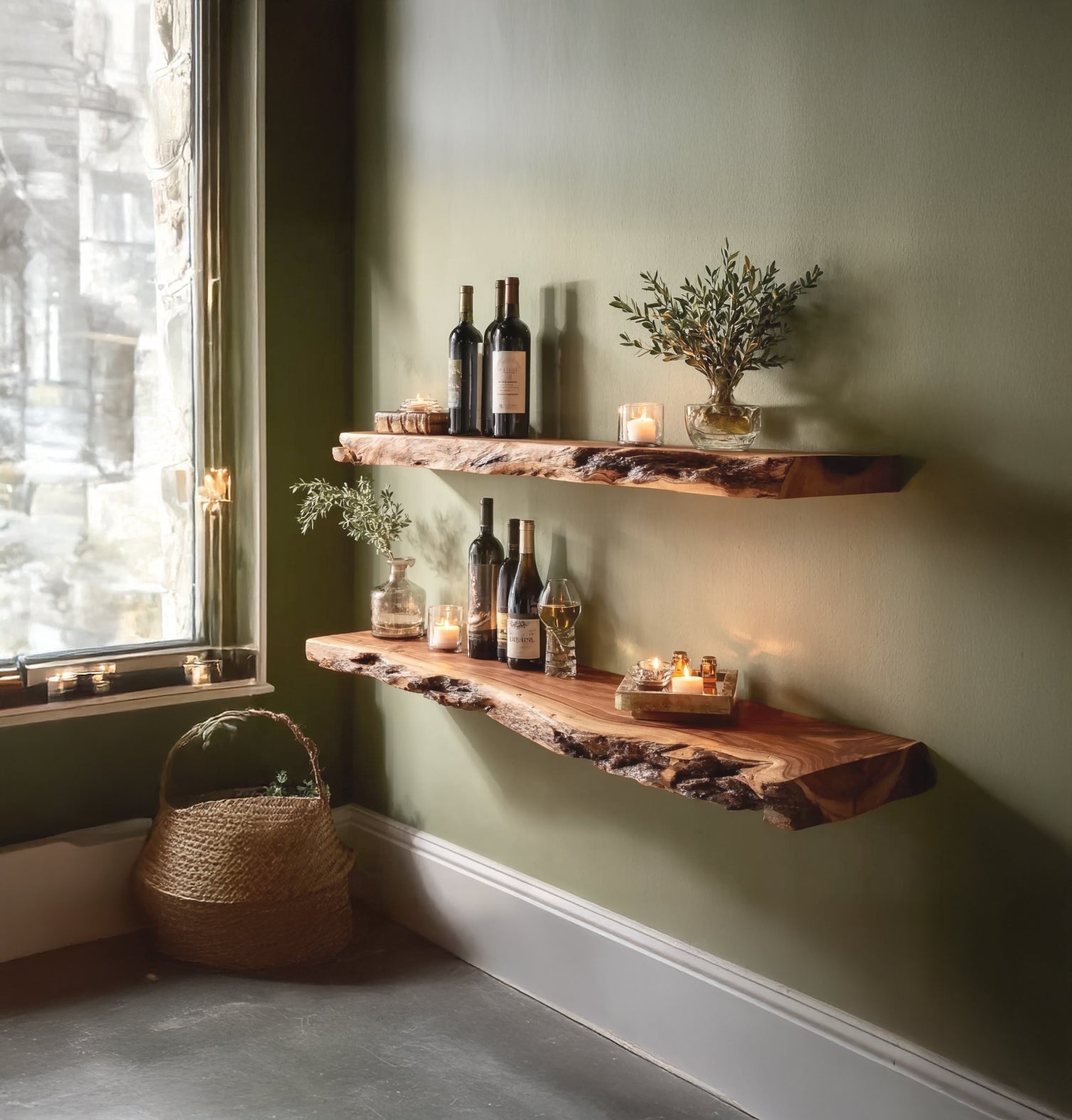 Handcrafted Live Edge Floating Bar Shelves – Rustic Solid Wood Wall Shelf for Kitchen or Bar