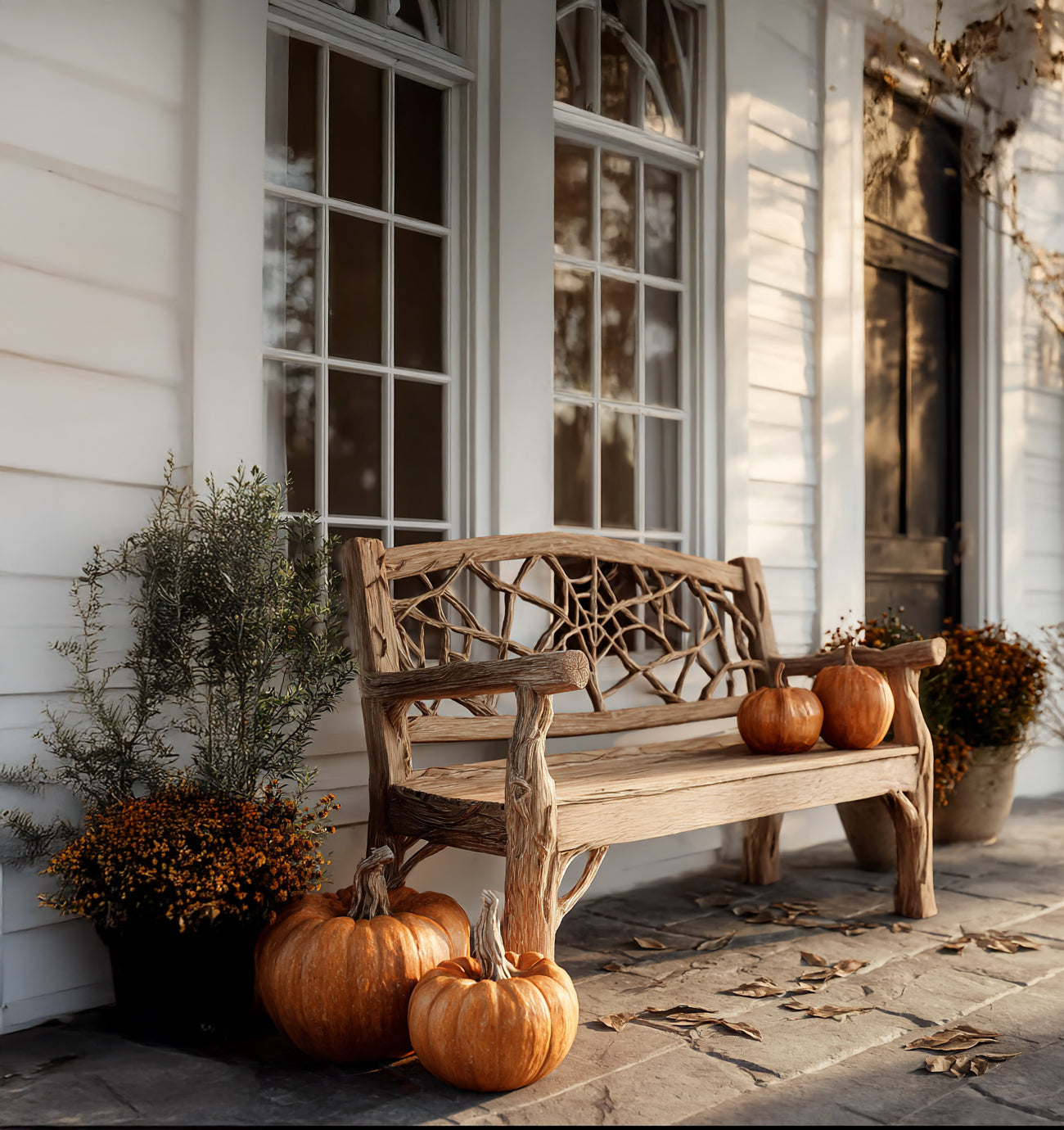 Farmhouse Deck Seating Bench – Handcrafted Wooden Halloween Porch Seat
