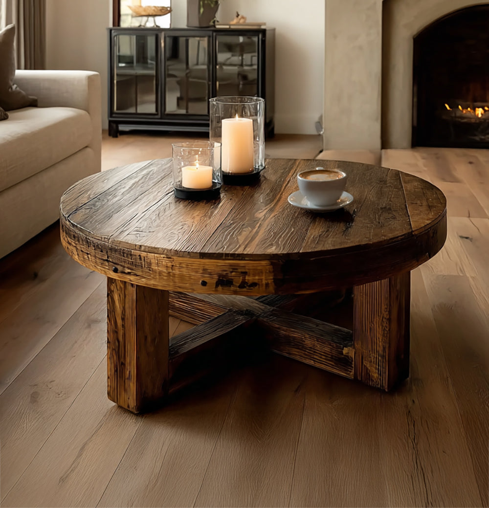 Round Oak Coffee Table – Rustic Reclaimed Wood Farmhouse Furniture