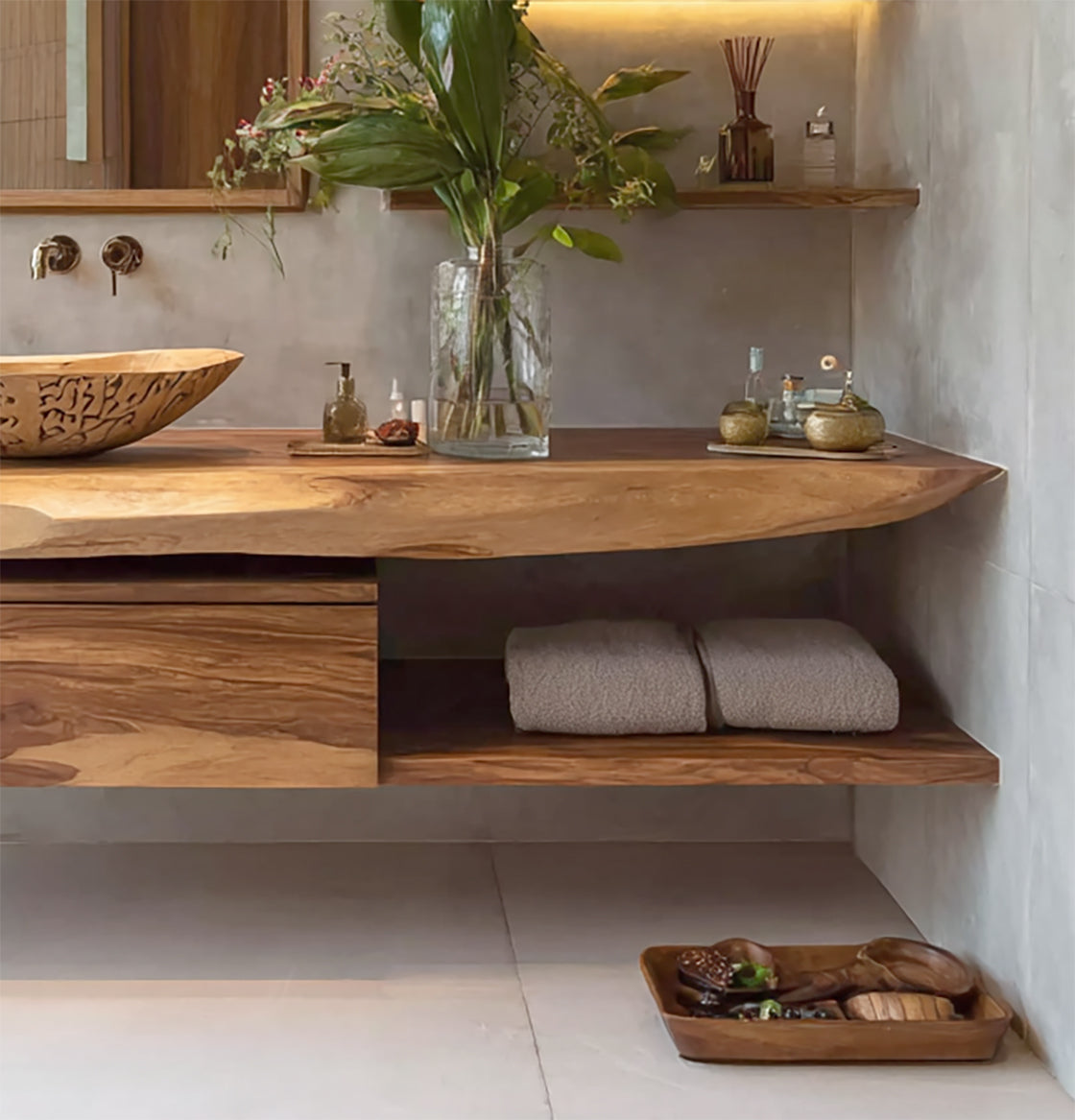 Live Edge Floating Vanity – Solid Wood Bathroom Sink Cabinet with Storage Drawer