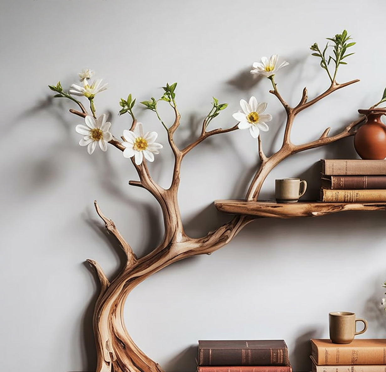 Bibliothèque Arbre Flottante en Bois Massif – Art Mural Naturel