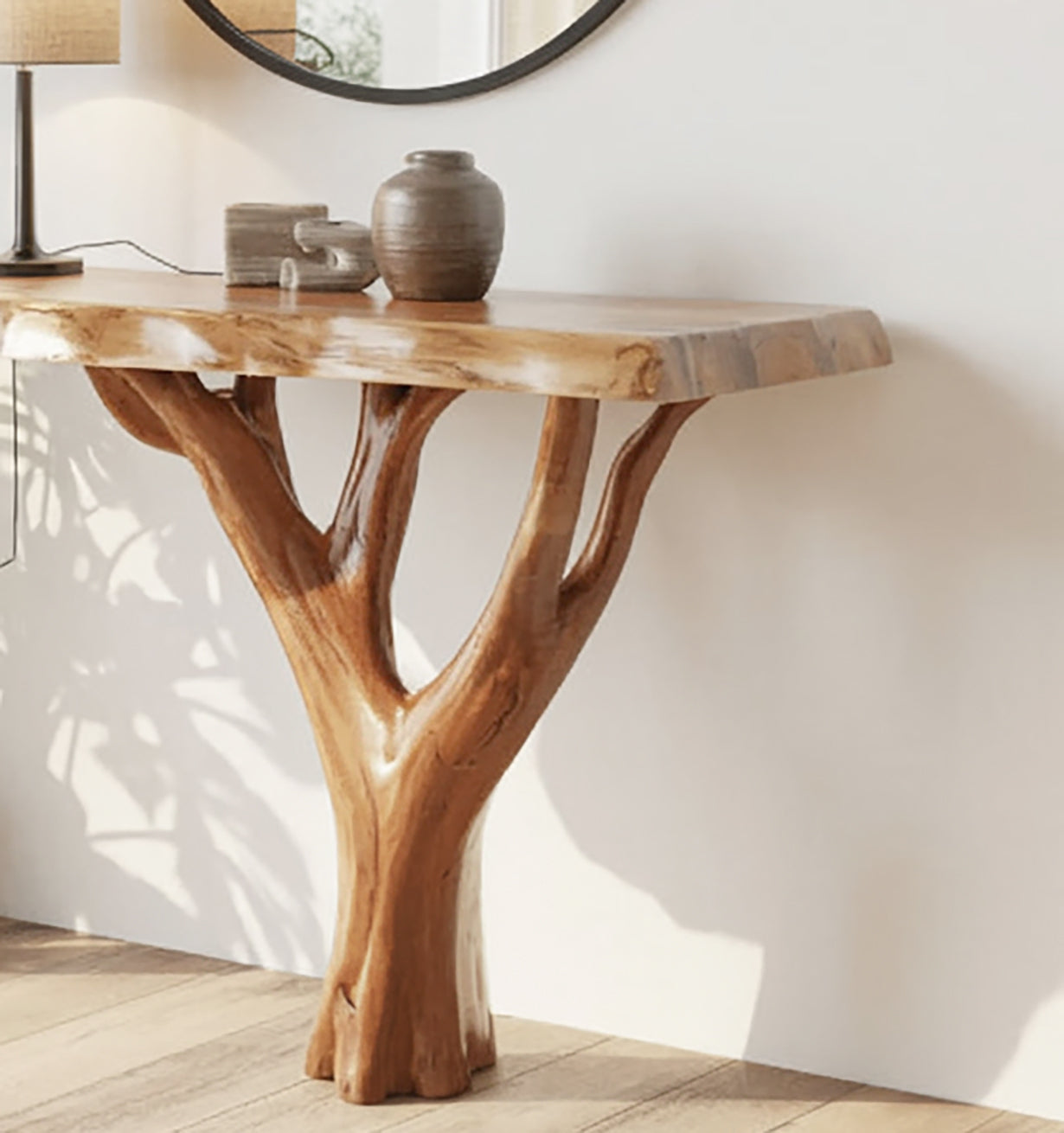Handcrafted Solid Wood Live Edge Console Table with Natural Tree Base – Rustic Modern Accent