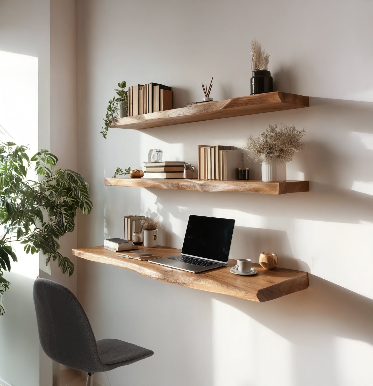 Handmade Live Edge Wood Desk – Floating Wall Shelves for Modern Office