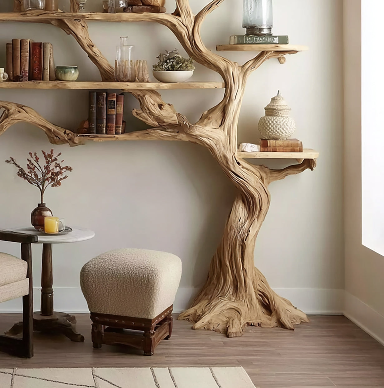 Handmade Tree Bookshelf – Large Wooden Branch Bookcase for Rustic Home Decor