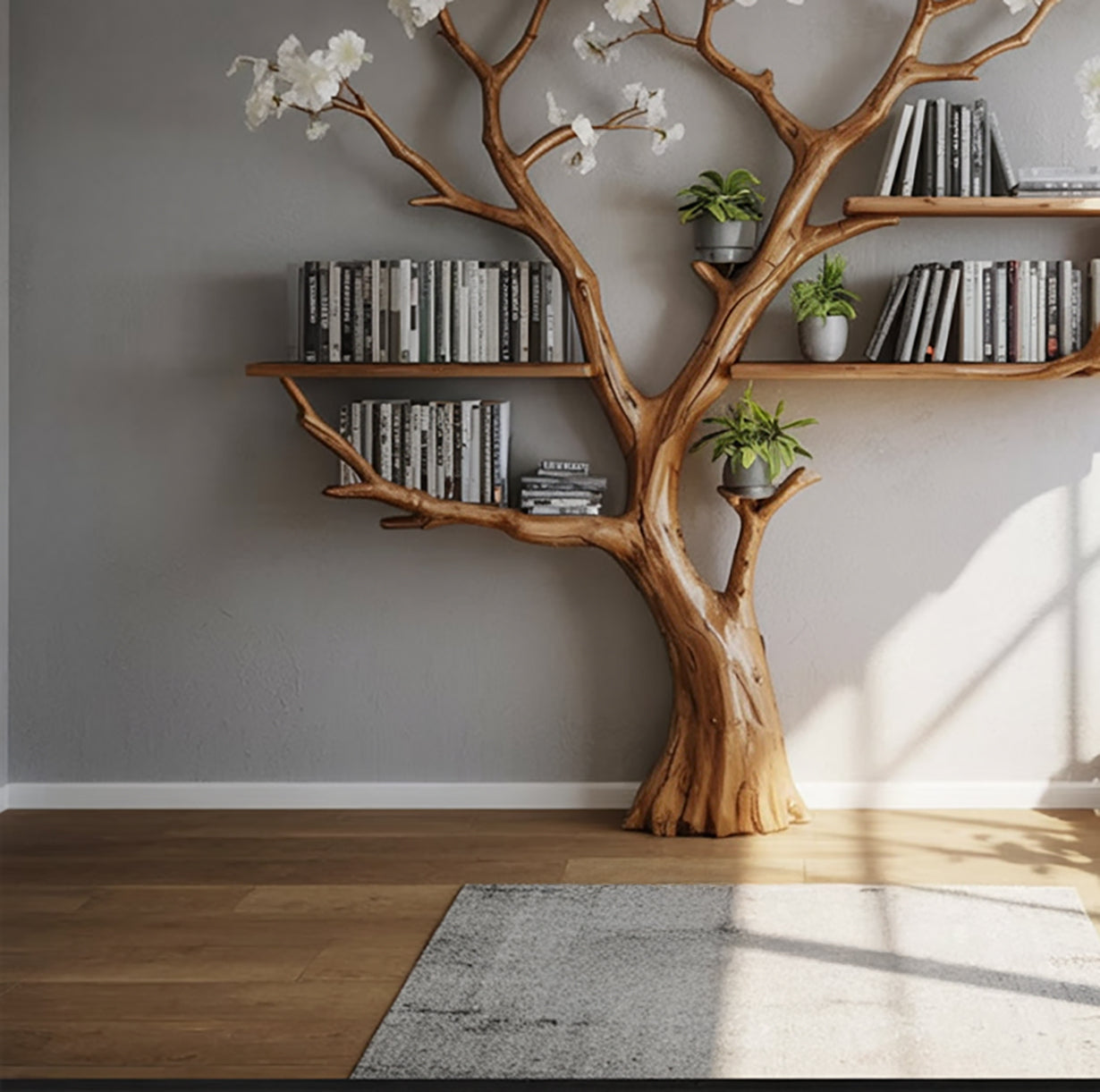 Blooming Tree Bookshelf – Handmade Wooden Wall Branch Shelf with White Flowers