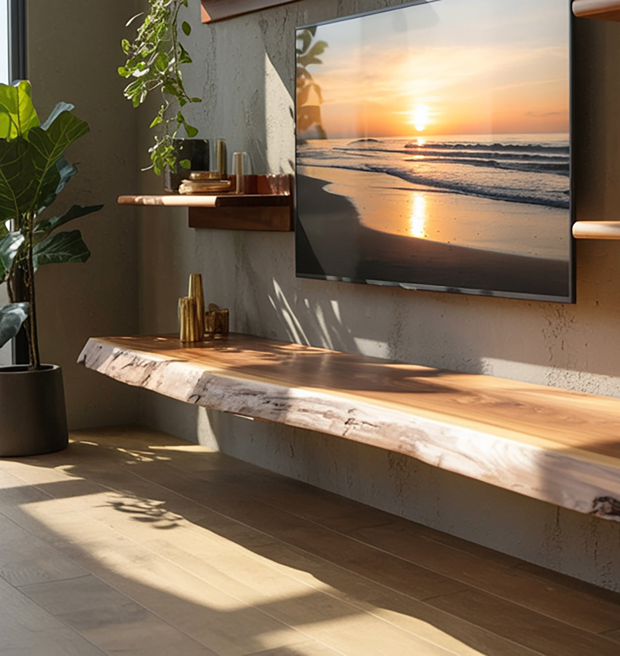 Meuble TV Flottant en Bois Massif Live Edge – Console Média Rustique Fait Main