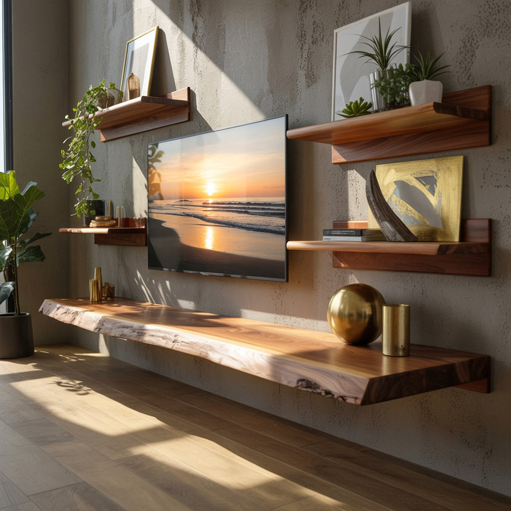 Meuble TV Flottant en Bois Massif Live Edge – Console Média Rustique Fait Main