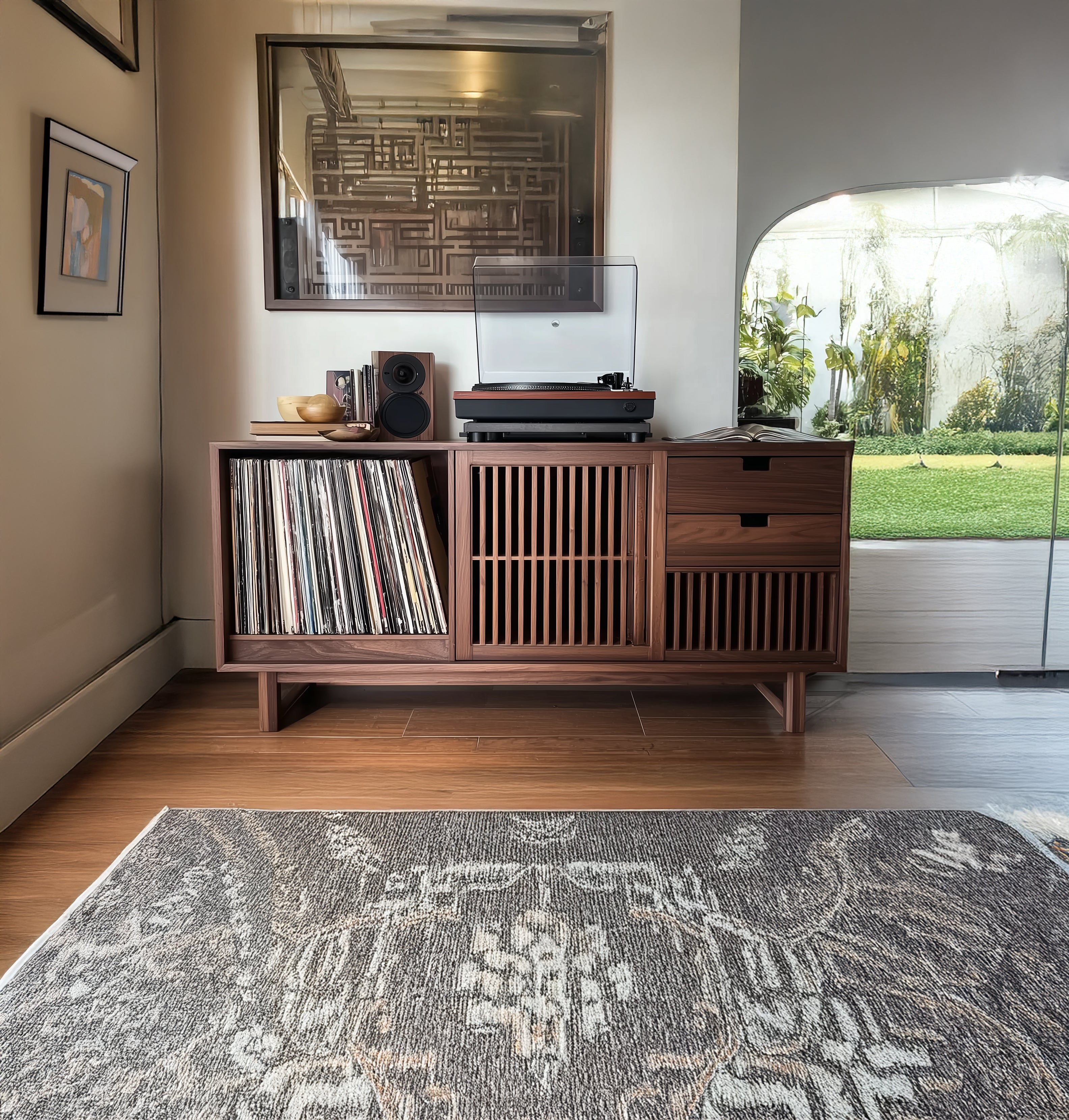 Handcrafted Record Player Stand – Natural Wood Turntable Station with Storage, Customizable Record Cube Organizer
