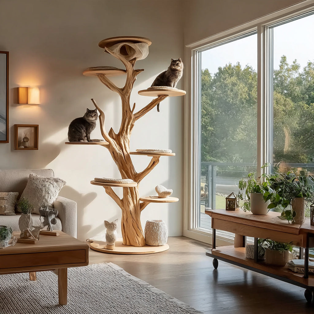 Arbre à Chat en Bois Massif Fait Main – Tour Multi-Niveaux Design