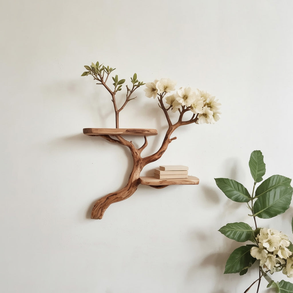Floating Driftwood Branch Bookshelf – Live Edge Wall Shelves with Faux Flowers