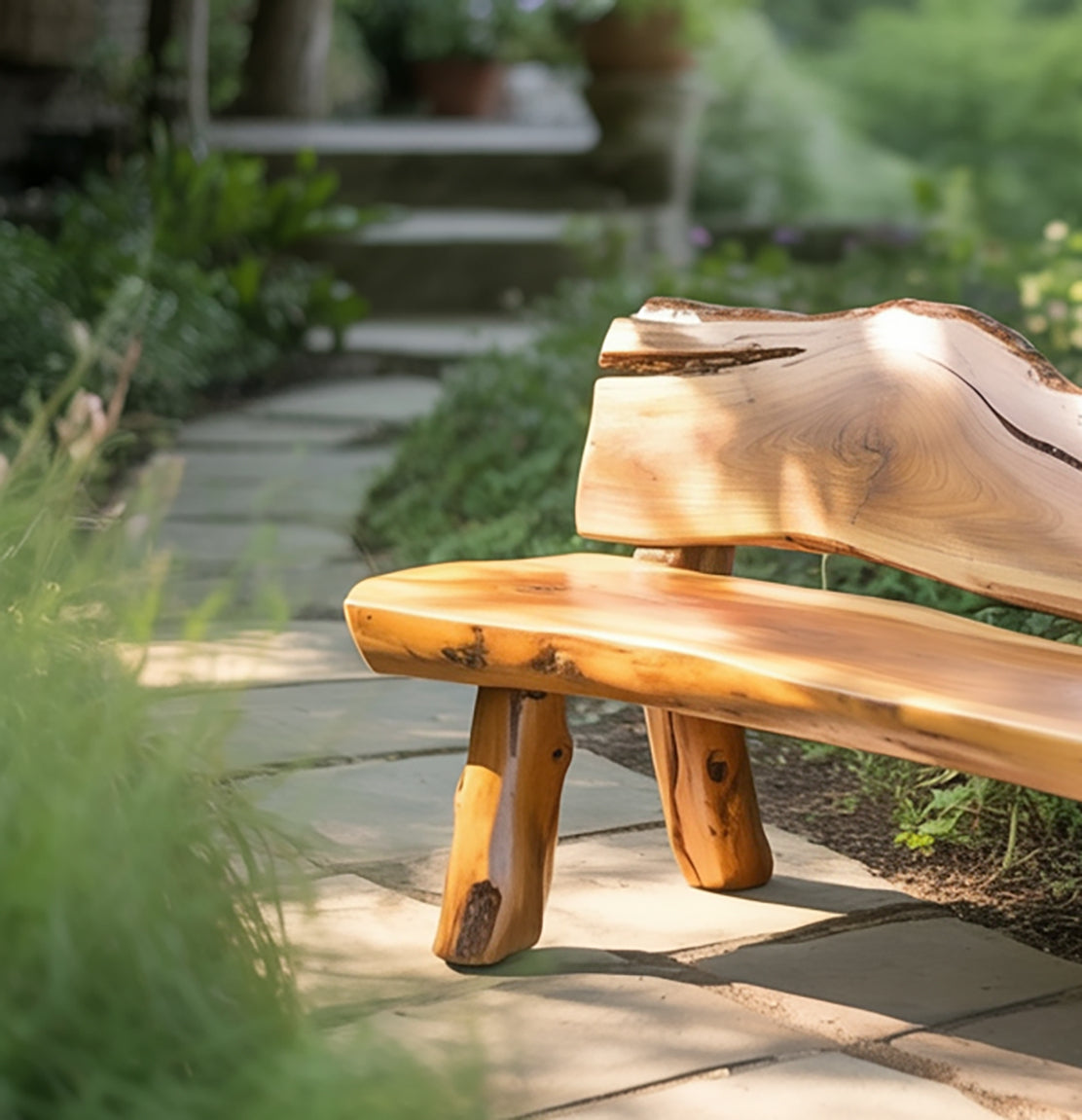 Live Edge Outdoor Wooden Bench with Backrest – Handcrafted Rustic Patio Seating
