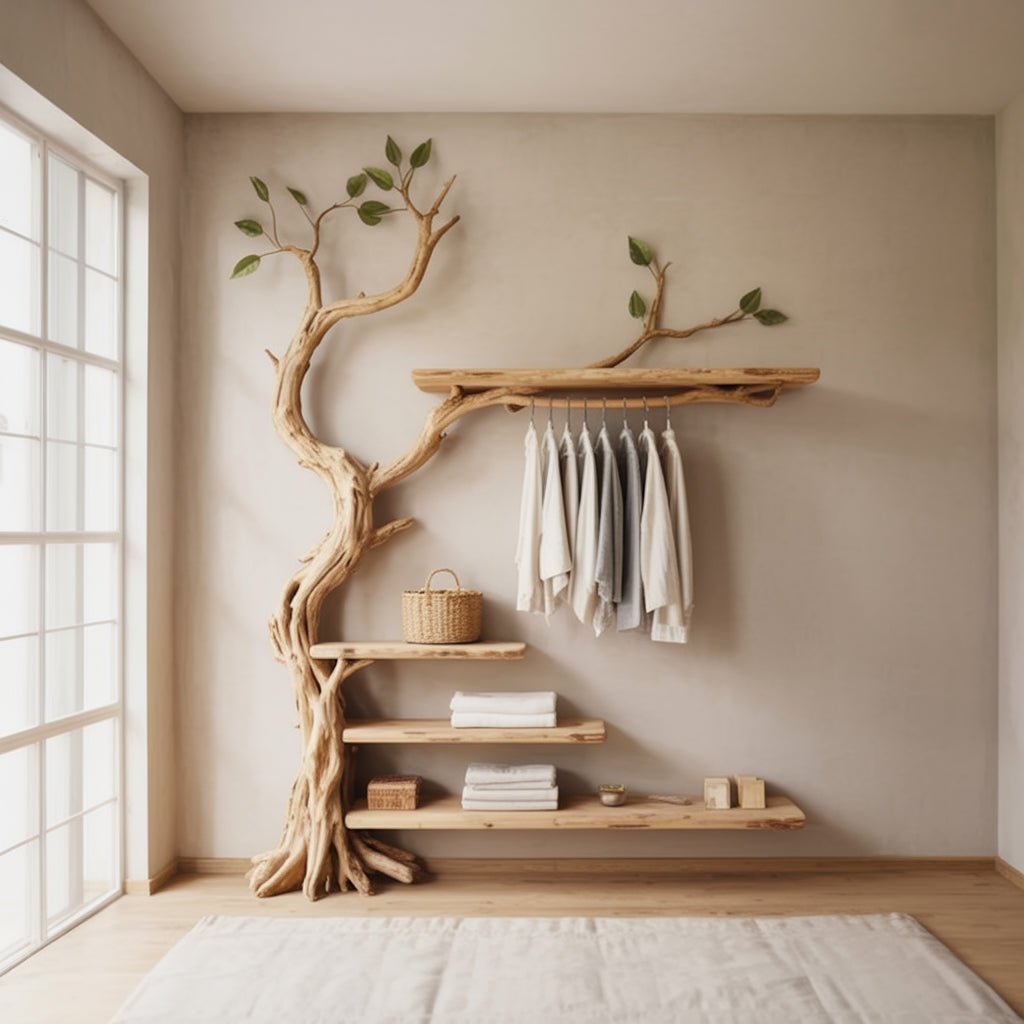 Handmade Rustic Tree Coat Rack – Wall Mounted Wooden Hanger with Shelves