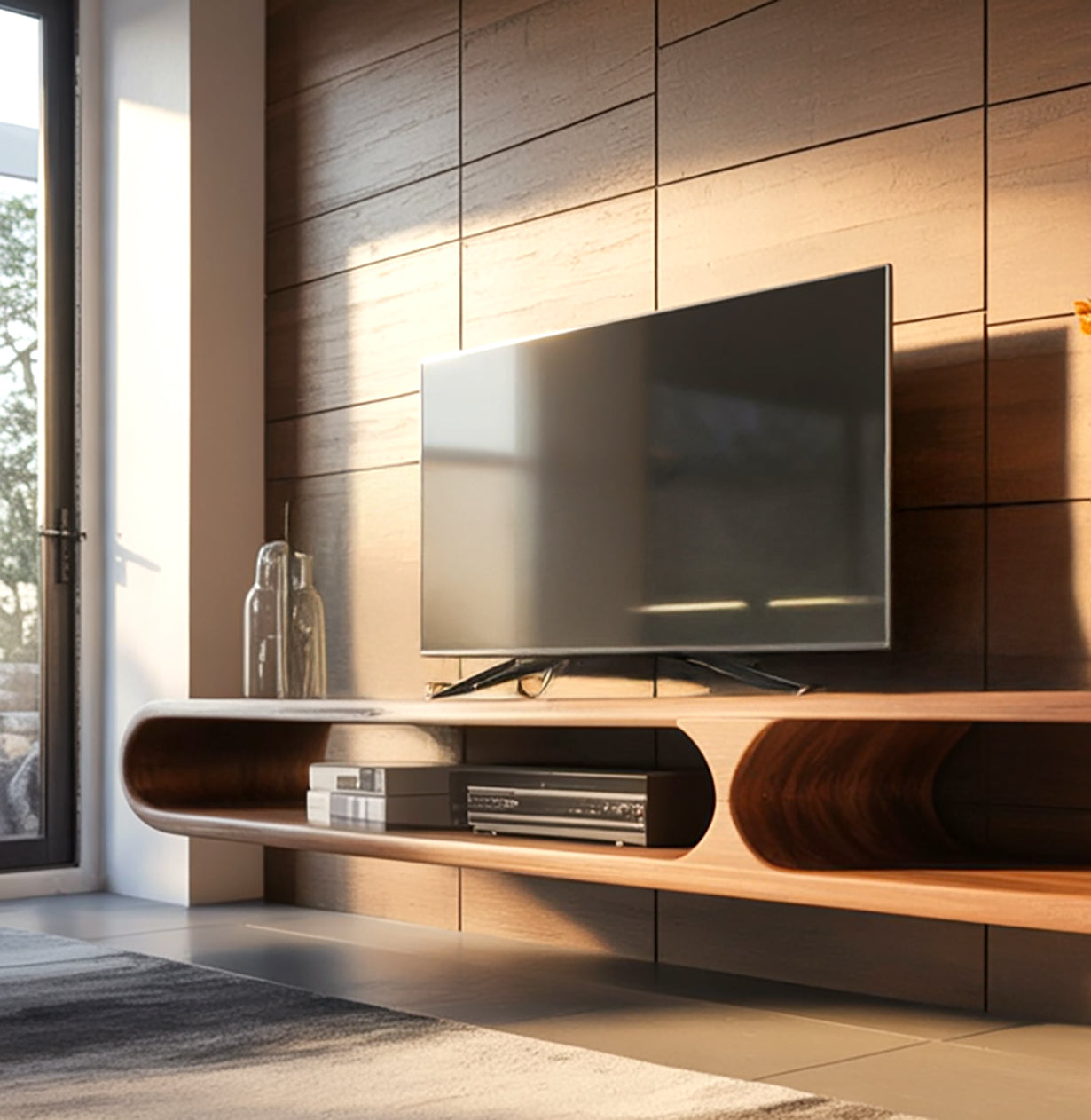 Modern Floating TV Stand – Curved Solid Wood Media Console, Handmade