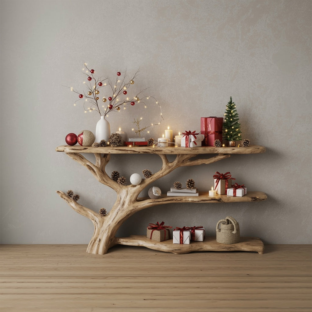 Console Narrow Table with Tree Branch Bookshelf – Rustic Live Edge Wood