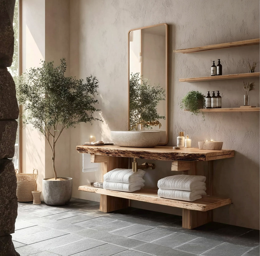 Live Edge Wood Bathroom Vanity – Handmade Rustic Solid Wood Sink Console with Shelf