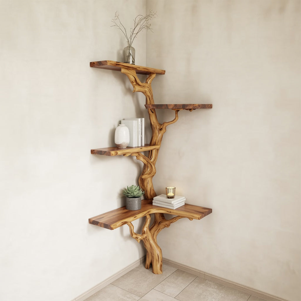 Corner Tree Branch Bookshelf – Live Edge Solid Wood Floating Shelf