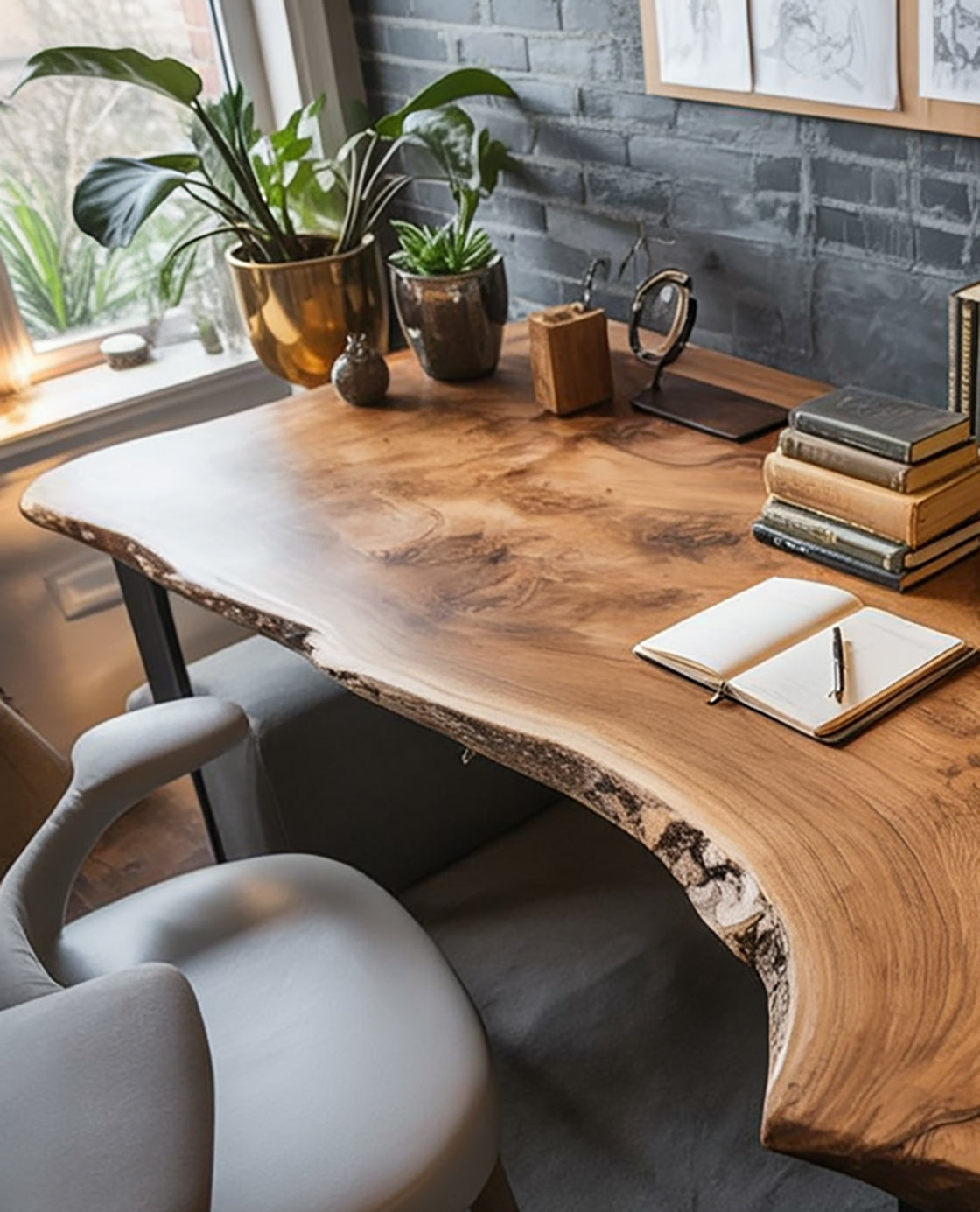 Rustic Live Edge Wooden Desk with Drawers for Home Office