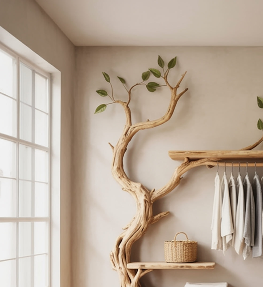 Handmade Rustic Tree Coat Rack – Wall Mounted Wooden Hanger with Shelves