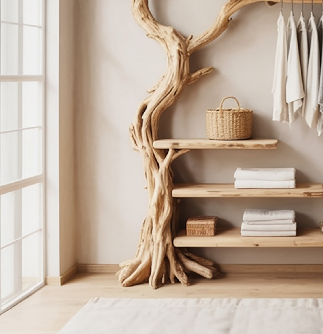Handmade Rustic Tree Coat Rack – Wall Mounted Wooden Hanger with Shelves