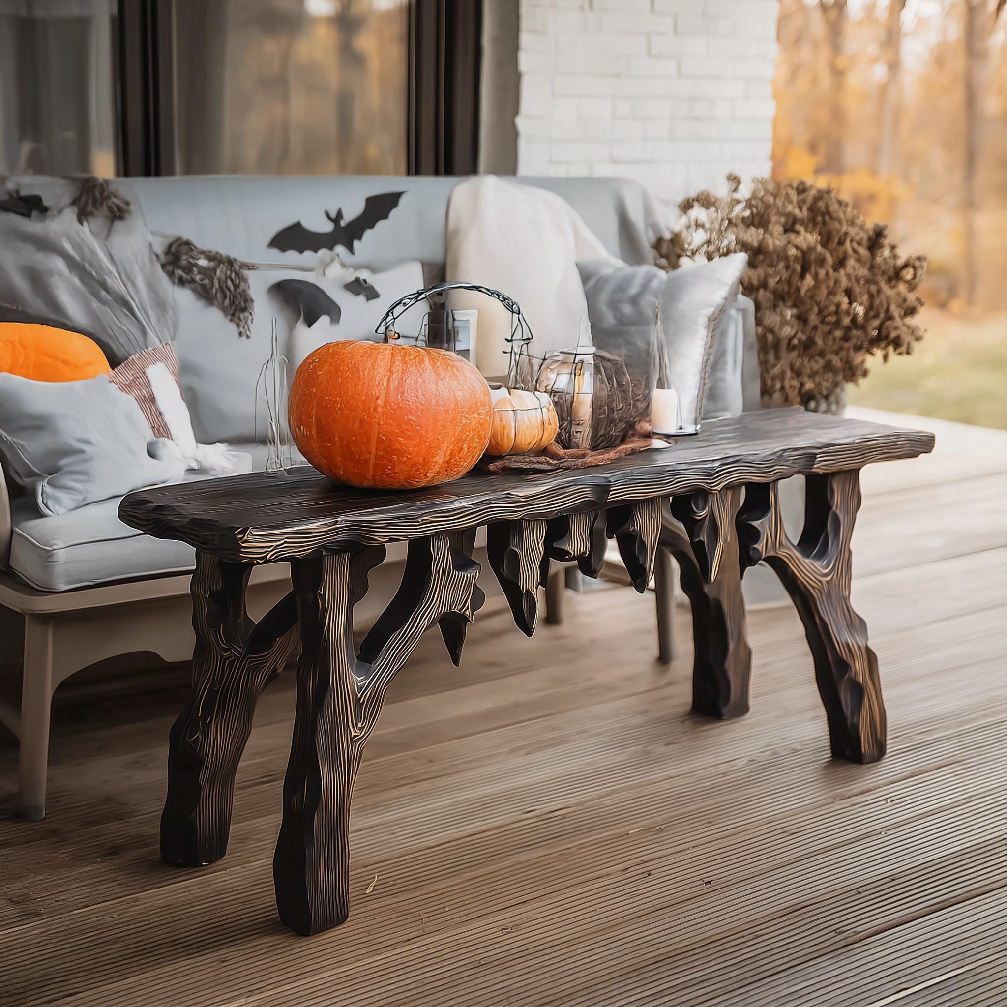 Rustic Black Wooden Halloween Console Table – Dripping Edge Gothic Entryway Decor