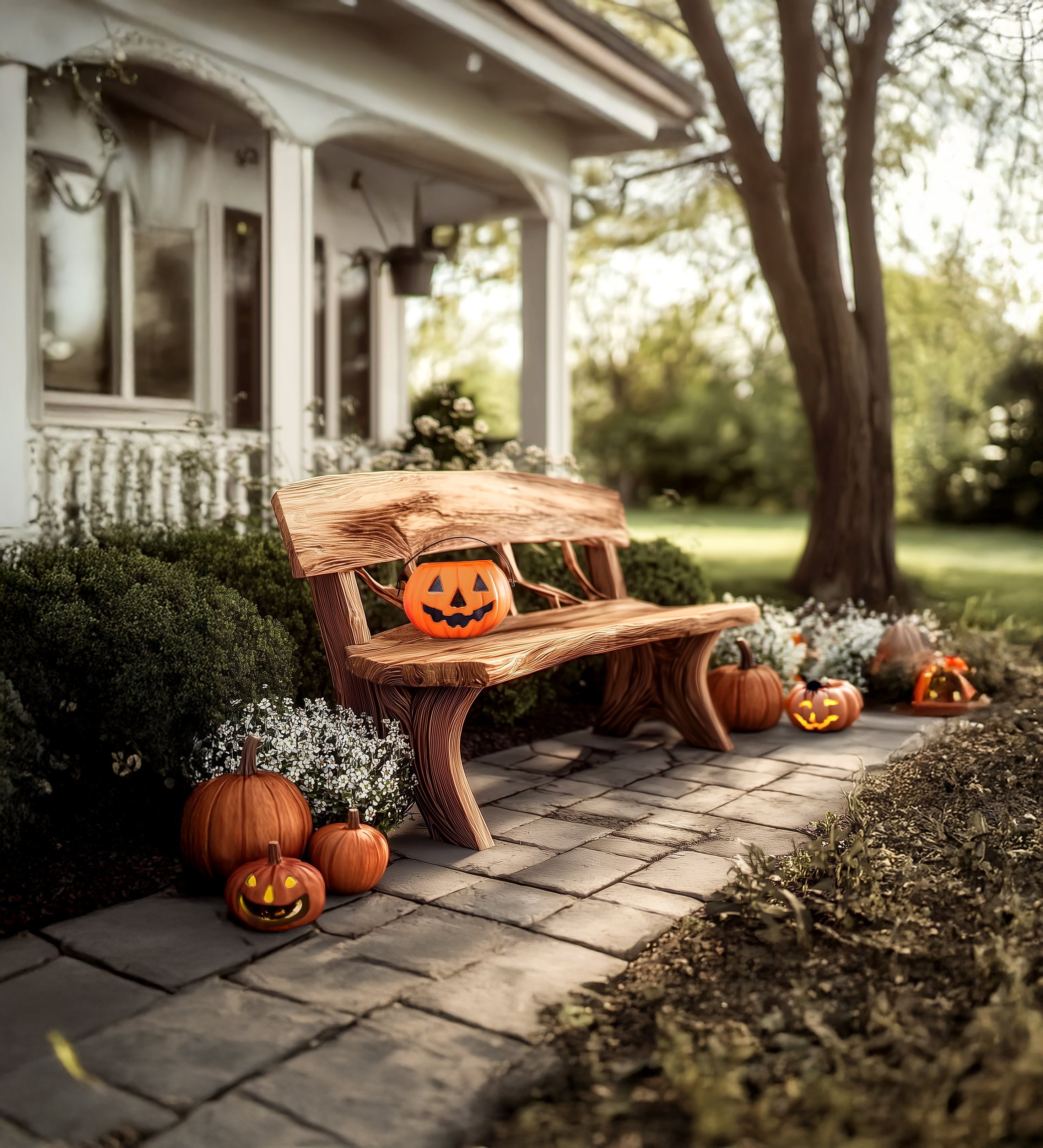 Rustic Live Edge Outdoor Bench – Curved Wood Garden Bench for Patio Seating