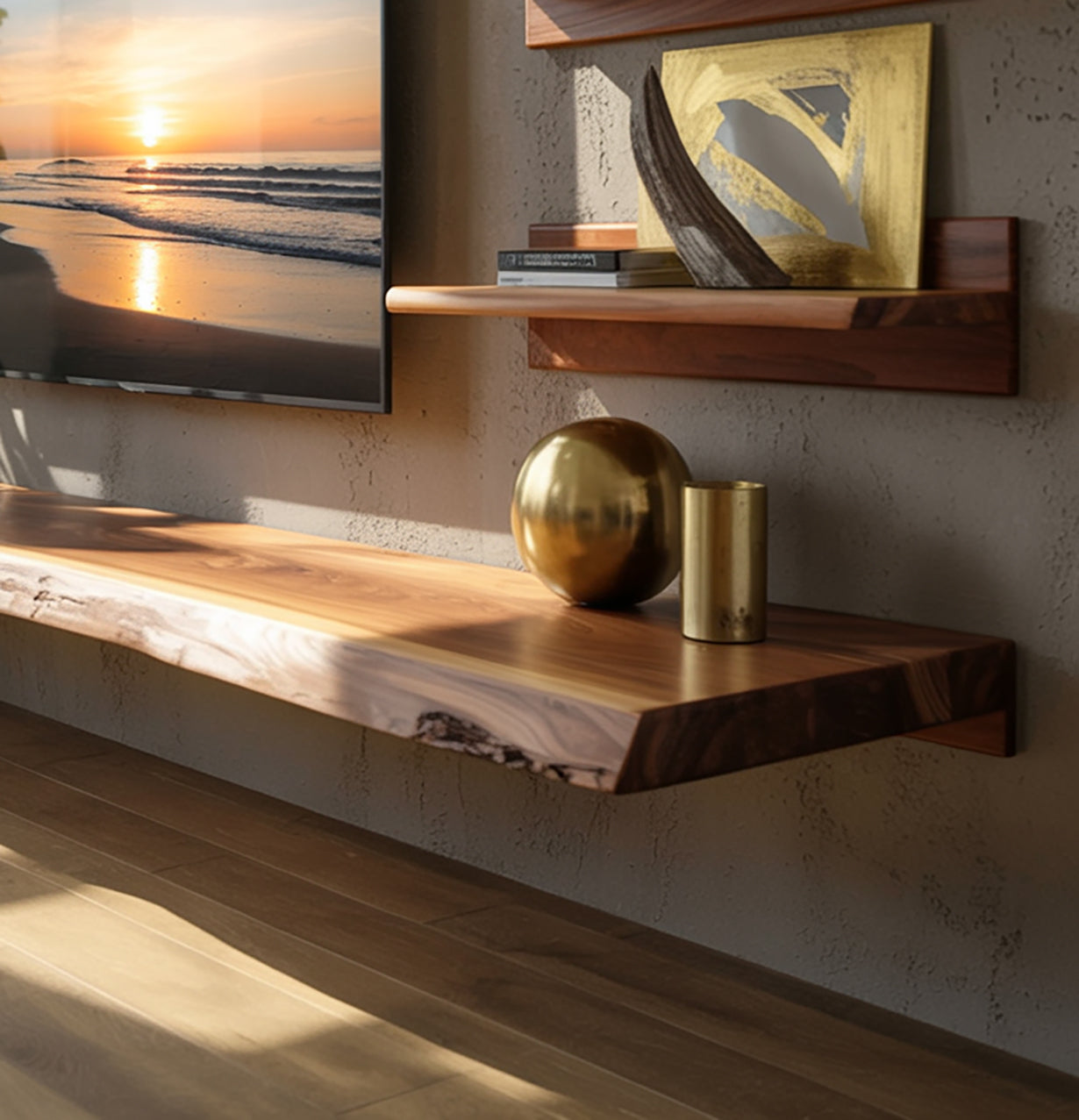 Meuble TV Flottant en Bois Massif Live Edge – Console Média Rustique Fait Main
