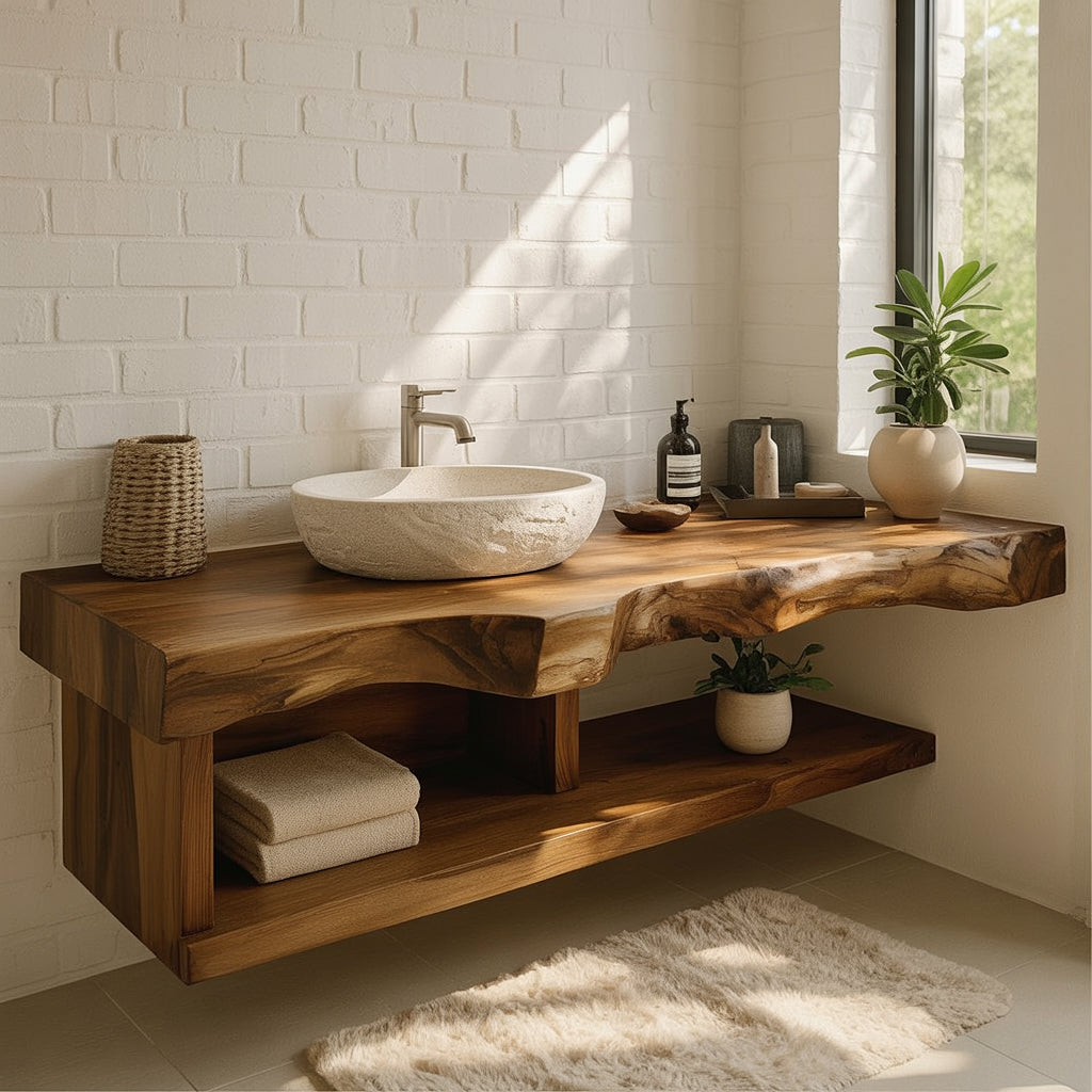 Natural Live Edge Wooden Vanity – Floating Bathroom Sink Shelf