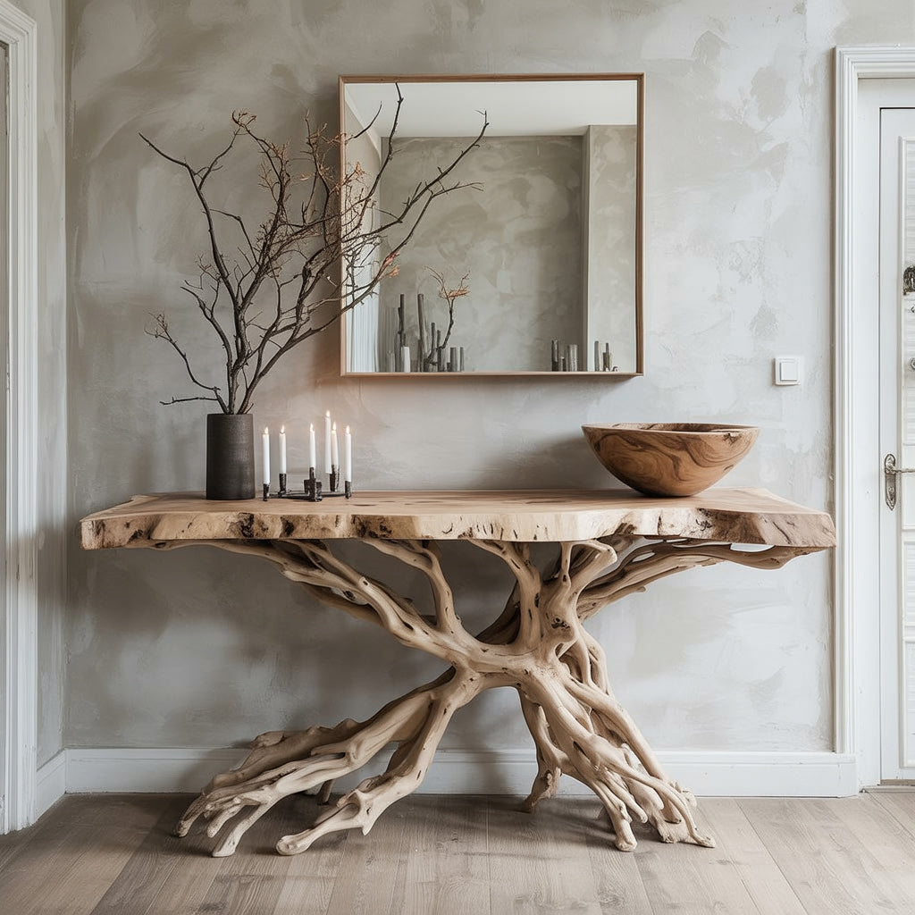Live Edge Root Console Table – Handcrafted Natural Wood Entryway Table with Sculptural Base