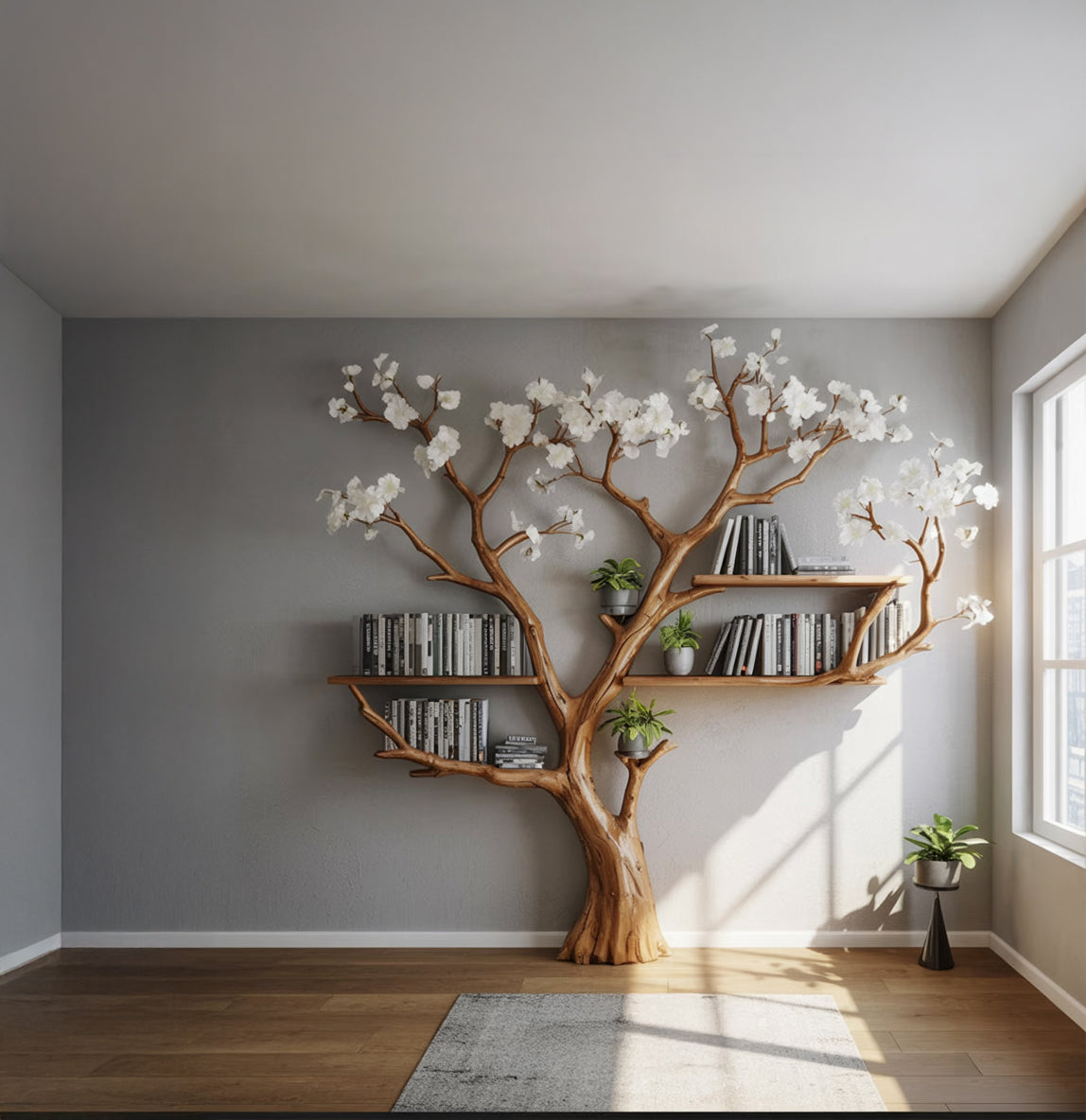 Blooming Tree Bookshelf – Handmade Wooden Wall Branch Shelf with White Flowers