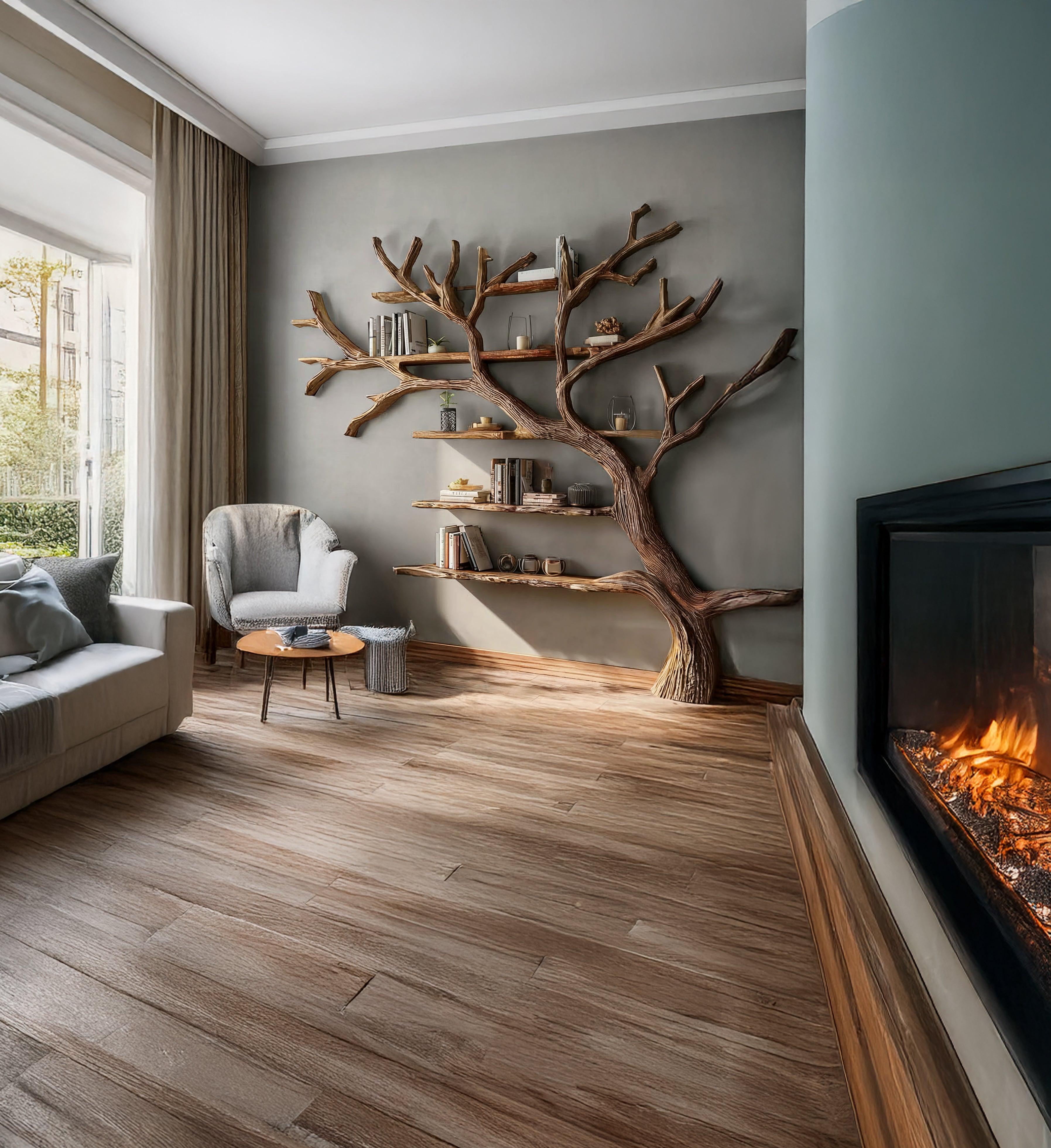 Solid Driftwood Wall Bookshelf – Rustic Farmhouse Floating Tree Branch Shelf