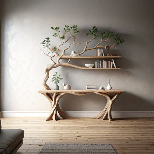 Handmade Rustic Console Table with Tree Branch Bookshelf – Live Edge Farmhouse Entryway Table, Natural Wood