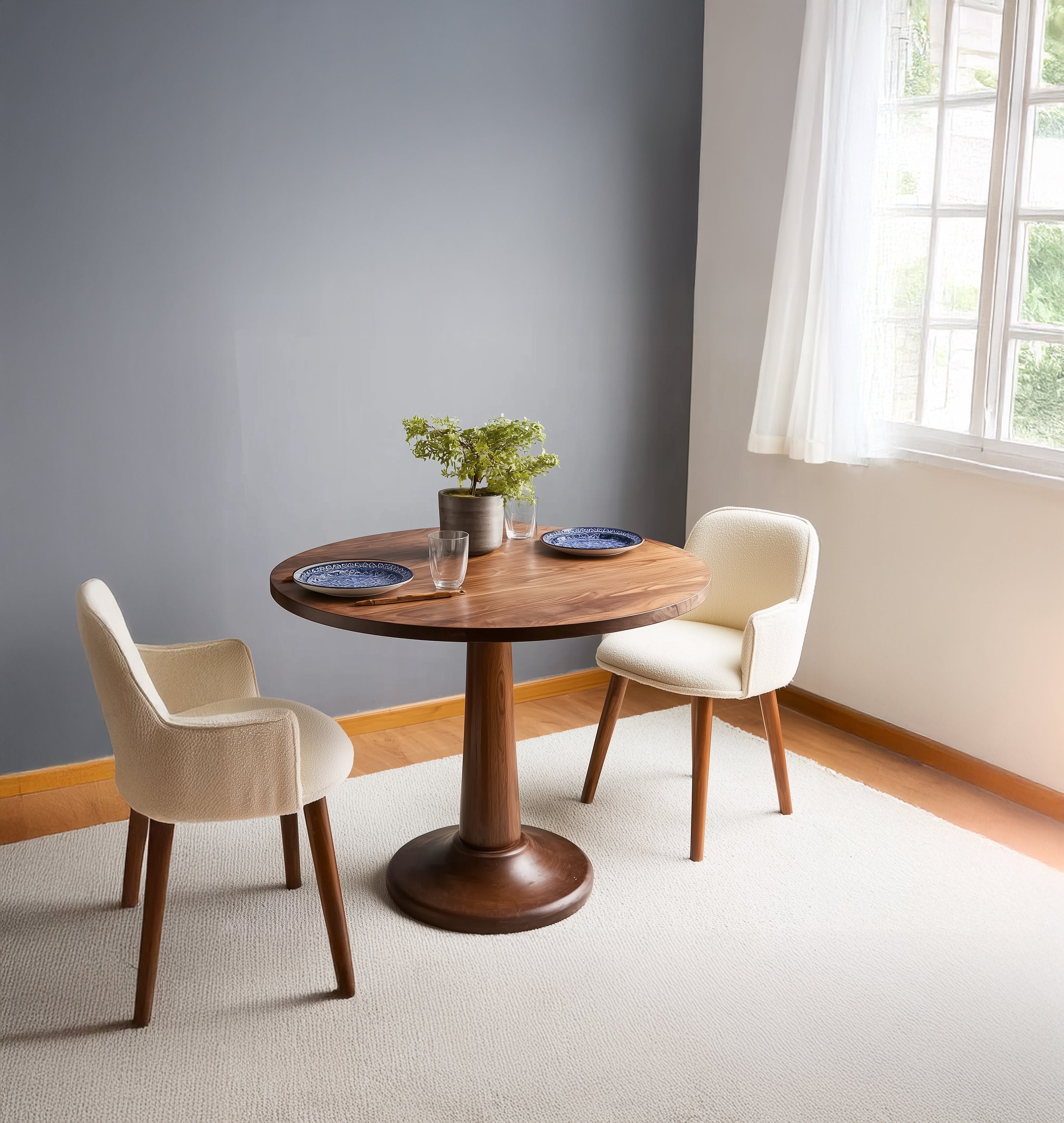 Rounded Square Dining Table for Two – Tulip Pedestal Leg, Dark Walnut Wood