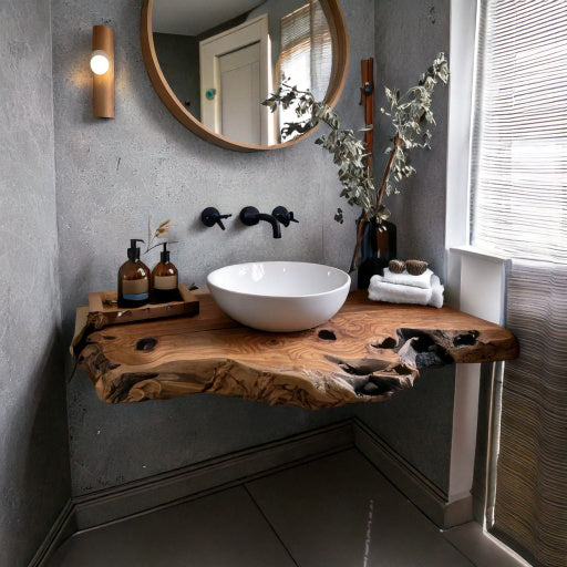 Handcrafted Rustic Floating Bathroom Vanity – Custom Live Edge Shelf with Natural Sink Unit, Solid Wood Bathroom Decor