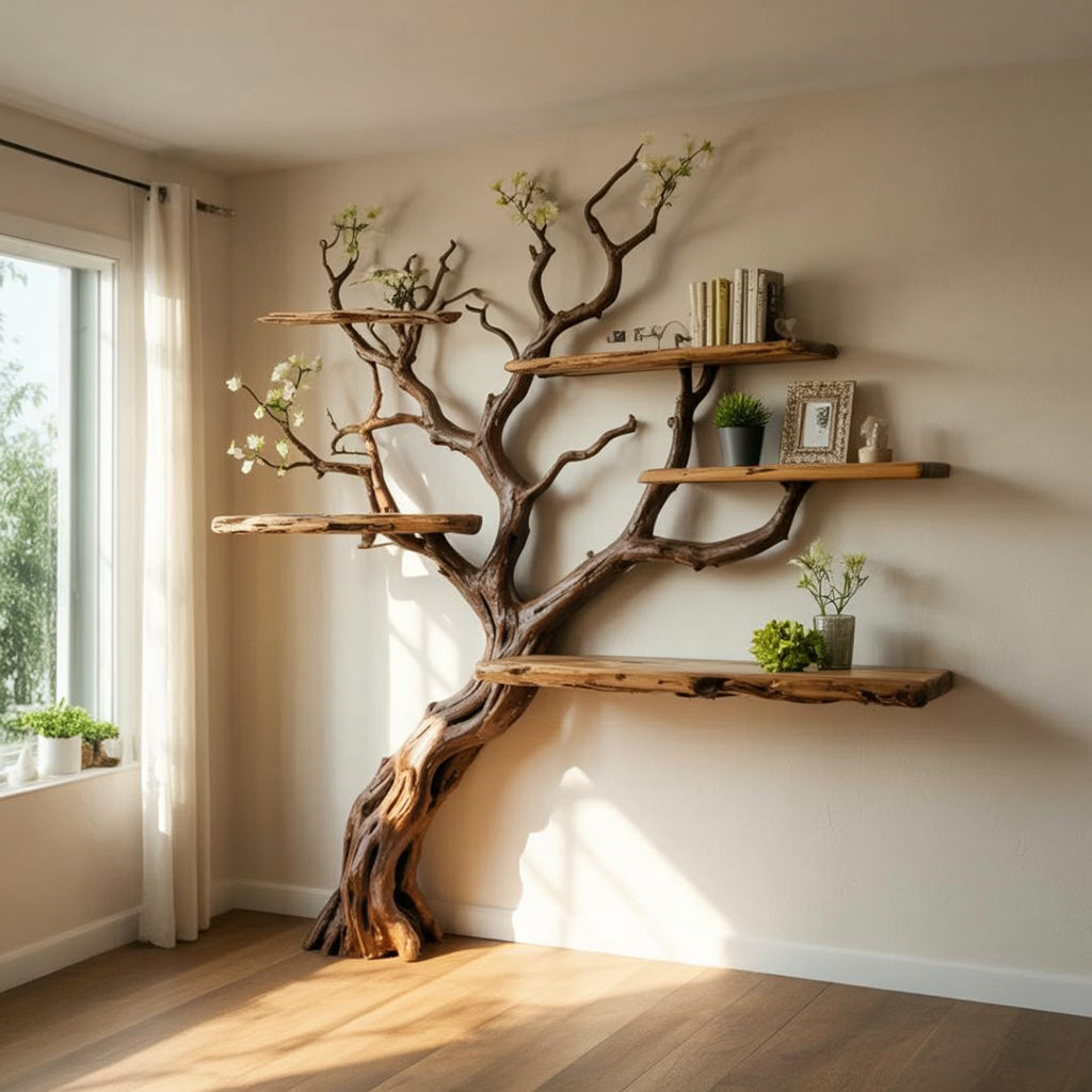 Étagère Murale Branche d’Arbre en Bois Naturel – Design Artisanal Flottant