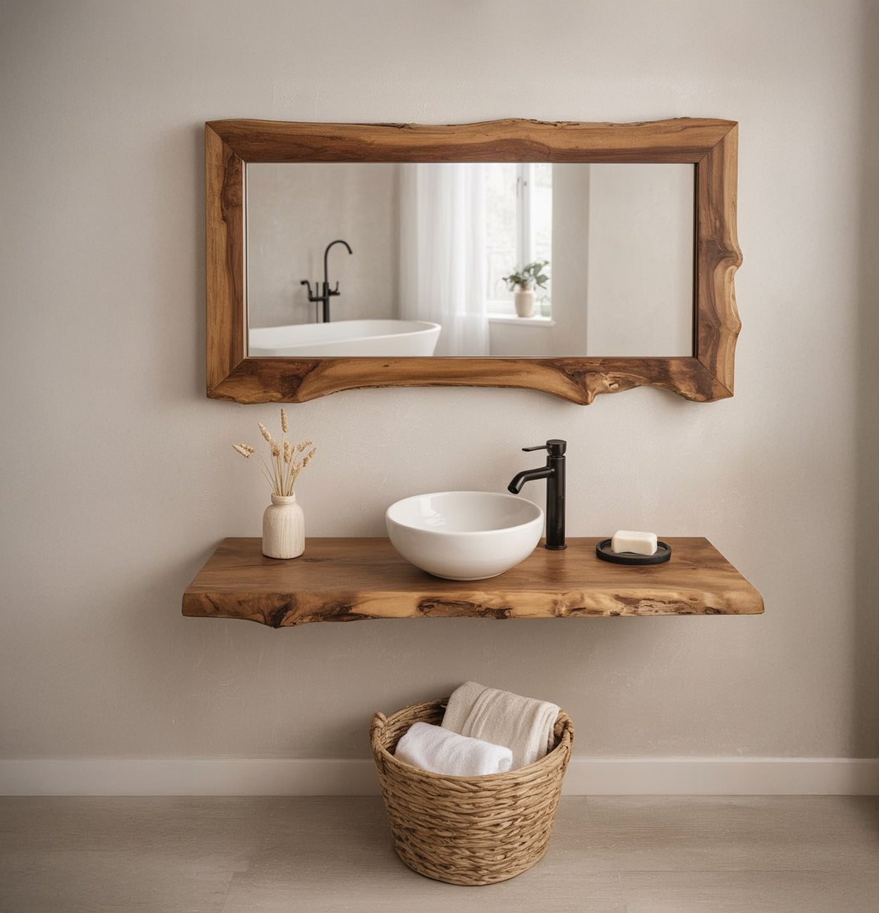 Étagère Murale Flottante en Bois Massif – Décor Salle de Bain Unique