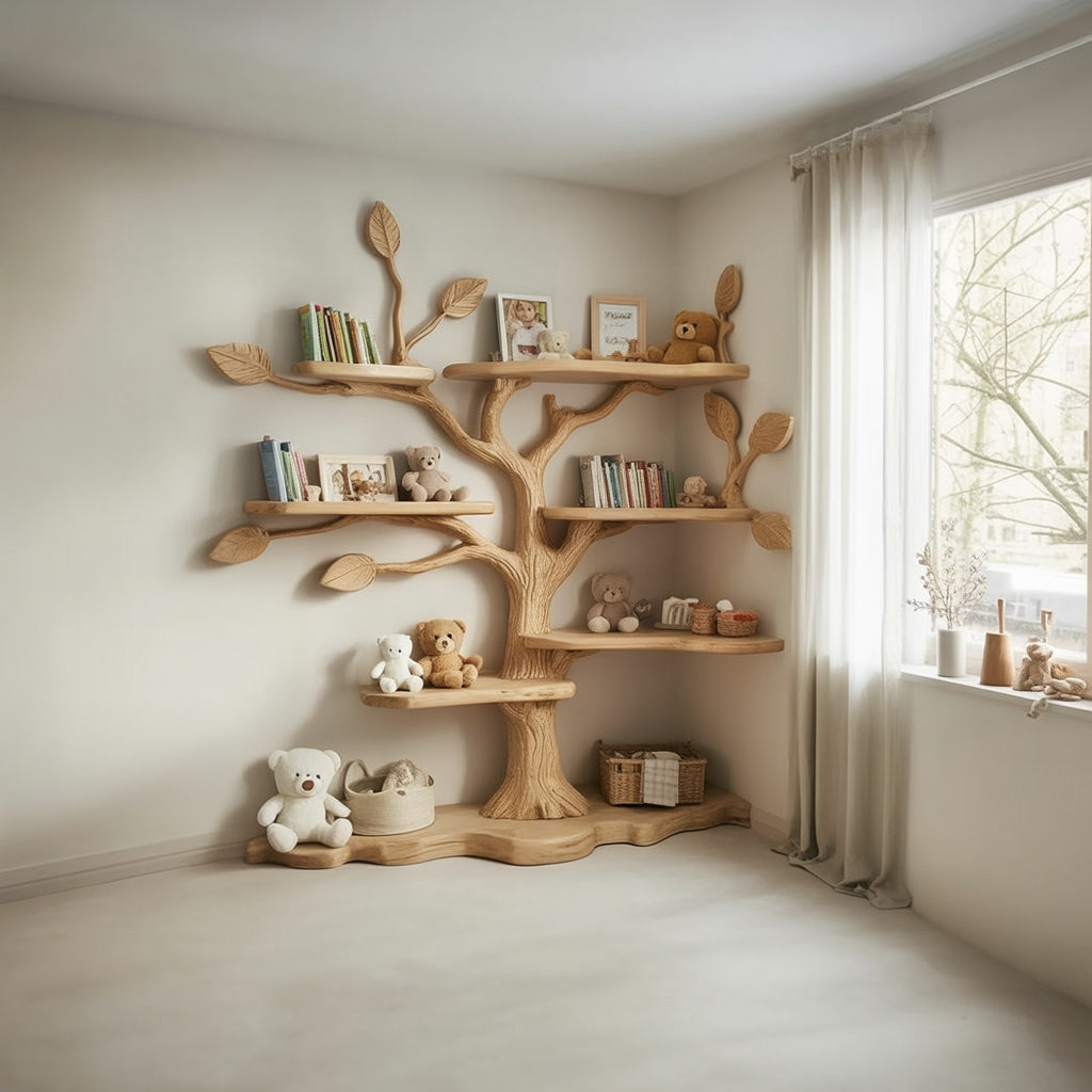 Kids Tree Bookshelf – Natural Wood Tree-Shaped Corner Shelf