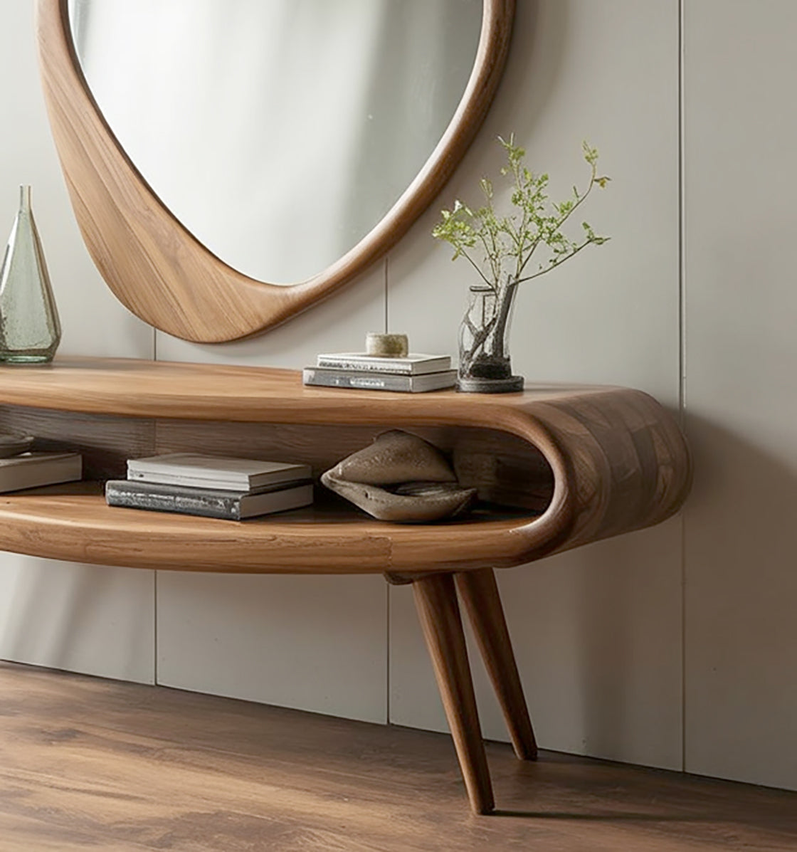 Mid-Century Modern Console Table with Mirror – Solid Wood Entryway Table