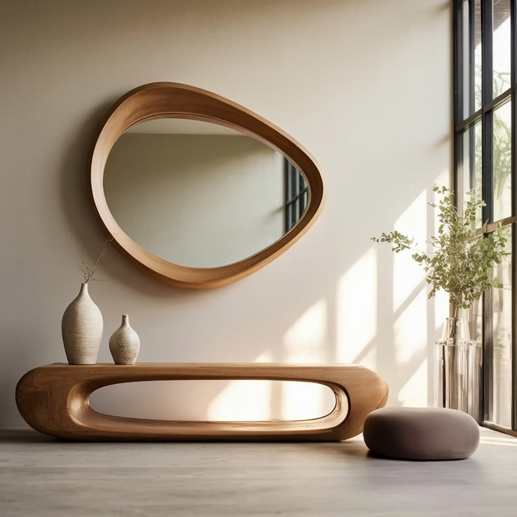 Handgemaakte Onregelmatige Houten Spiegel – Mid Century Modern Wandspiegel