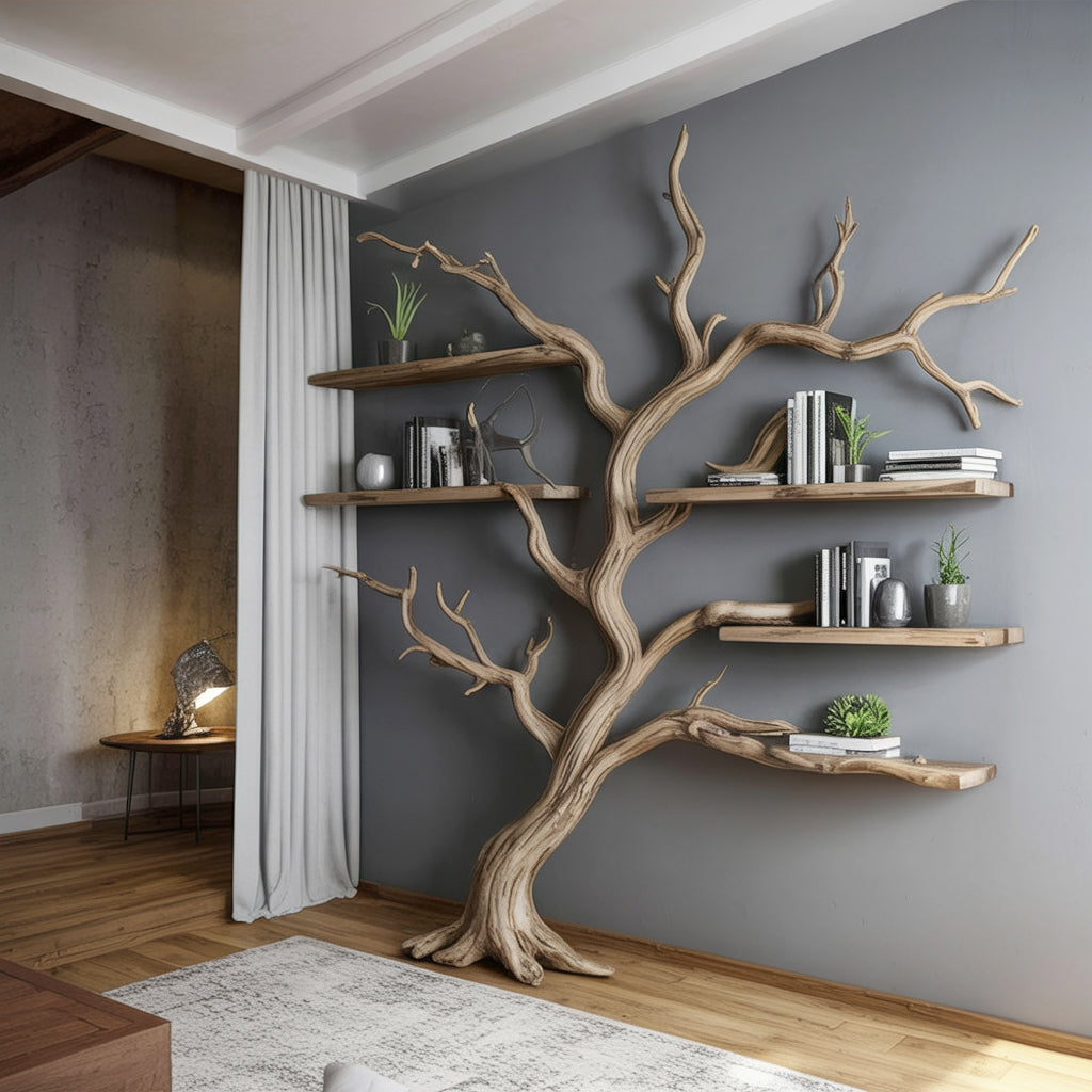 Étagère murale en branche d’arbre – Bibliothèque artistique en bois pour salon