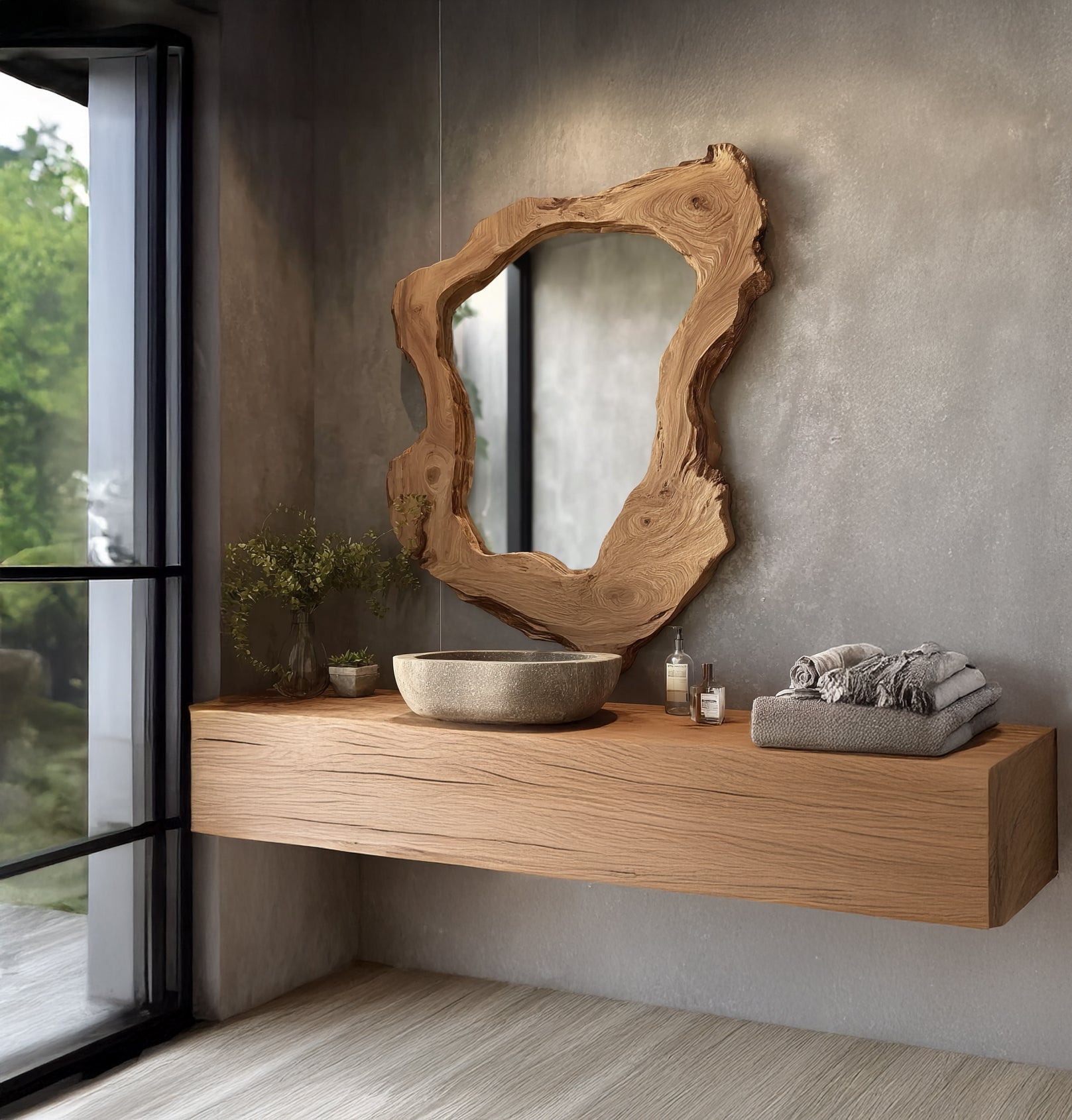 Modern Live Edge Wall Mirror – Handmade Wooden Decorative Mirror for Living Room, Bathroom or Vanity