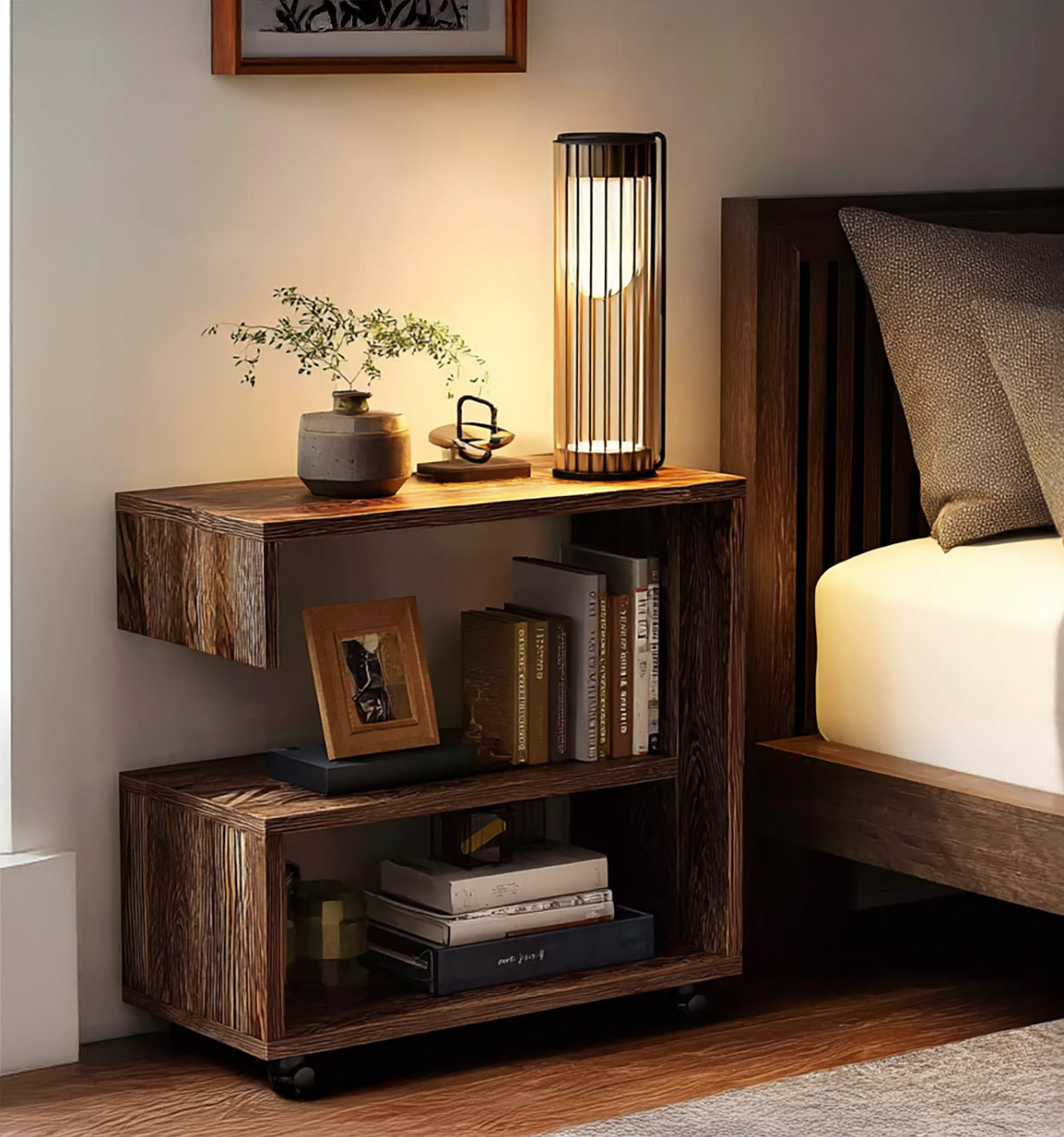 Movable Nightstand Table – 2 Tier Modern End Unit with Rolling Wheels, Compact Side Furniture