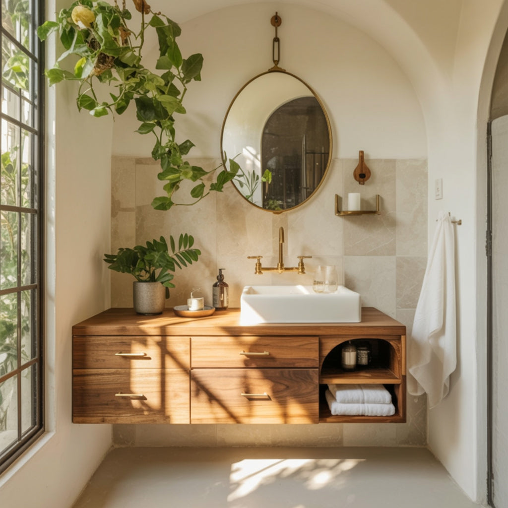 Floating Wooden Bathroom Vanity – Handmade Rustic Solid Wood Sink Cabinet