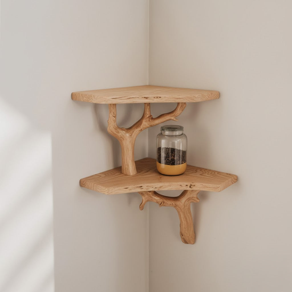 Étagère murale d’angle en bois flotté – Bibliothèque branche d’arbre