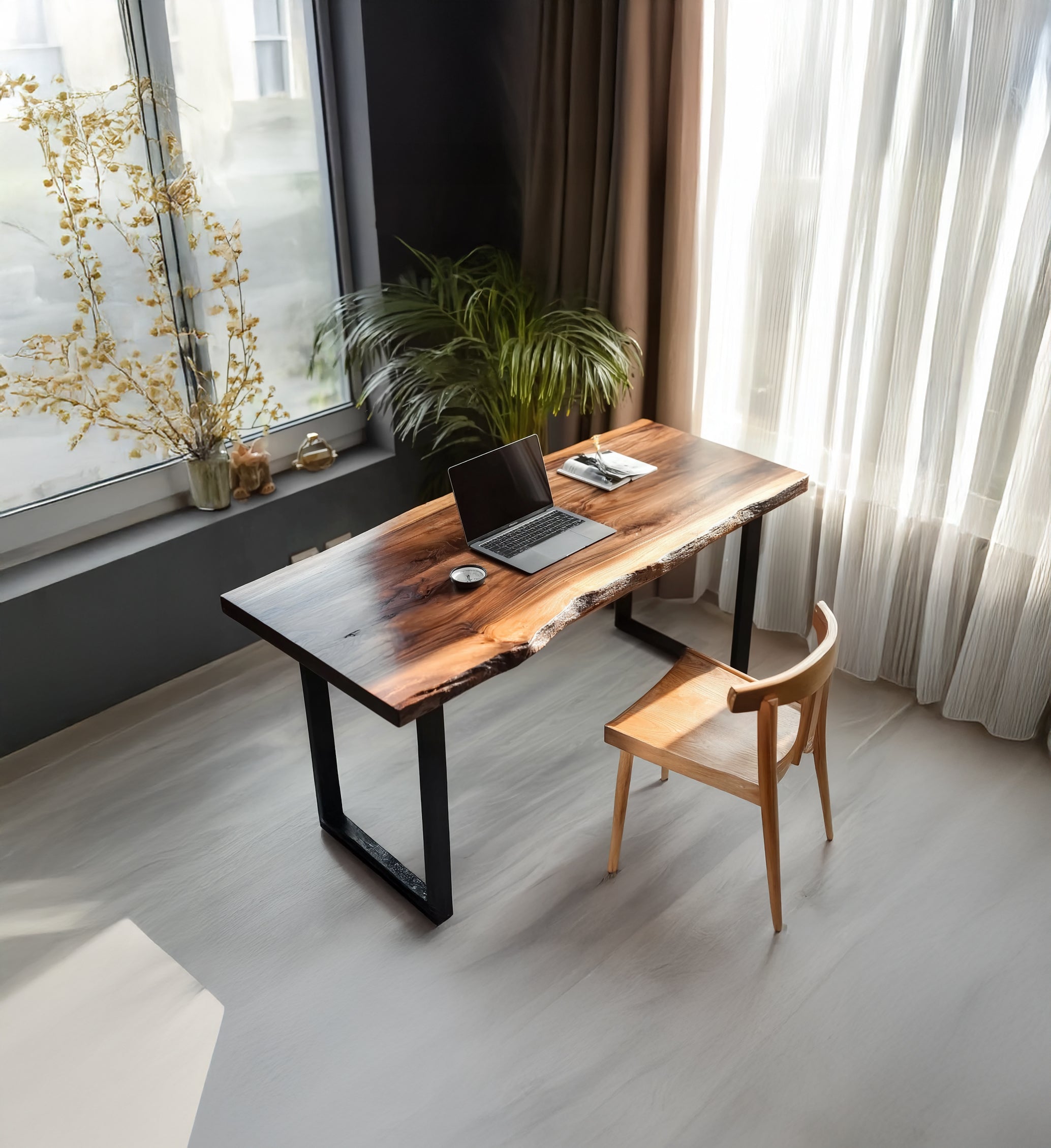 Live Edge Walnut Desk – Solid Wood Office Table with Metal Legs, Rustic Furniture