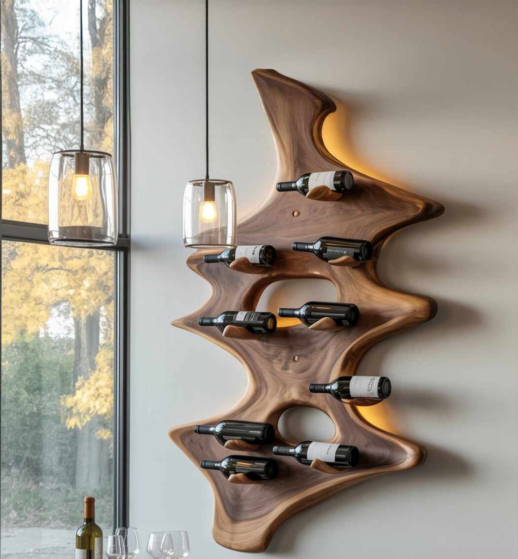 Wood Wine Rack – Wall-Mounted & Hanging Stemware Holder, Rustic Bar Shelf
