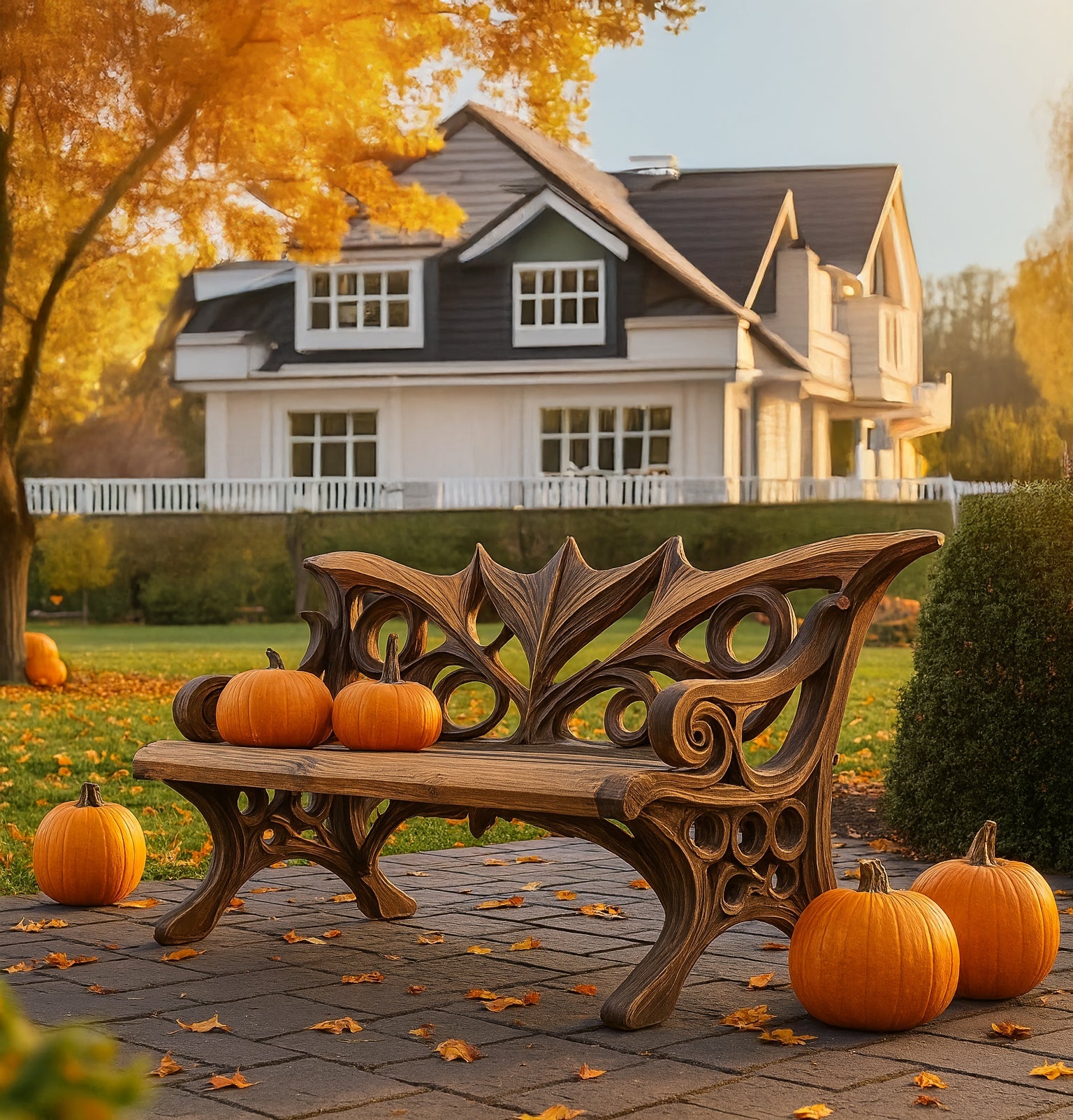 Rustic Outdoor Halloween Bench – Handcrafted Mid Century Porch Seat