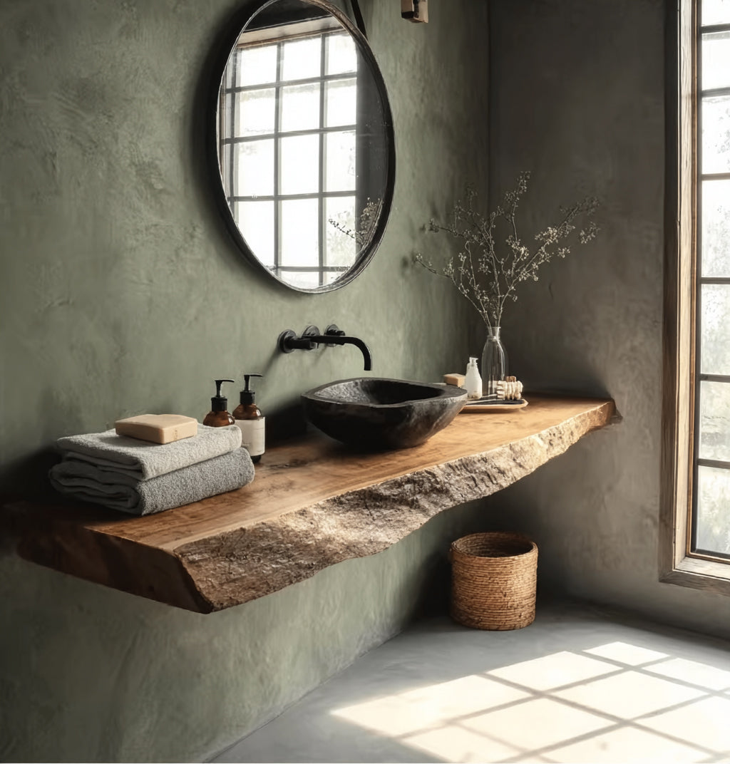 Rustic Floating Vanity Shelf – Handcrafted Live Edge Bathroom Shelf with Brackets