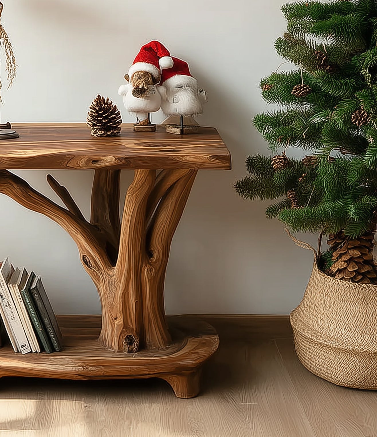 Rustic Solid Wood Side Table with Tree Branch Design – Handmade Natural End with Shelf Storage
