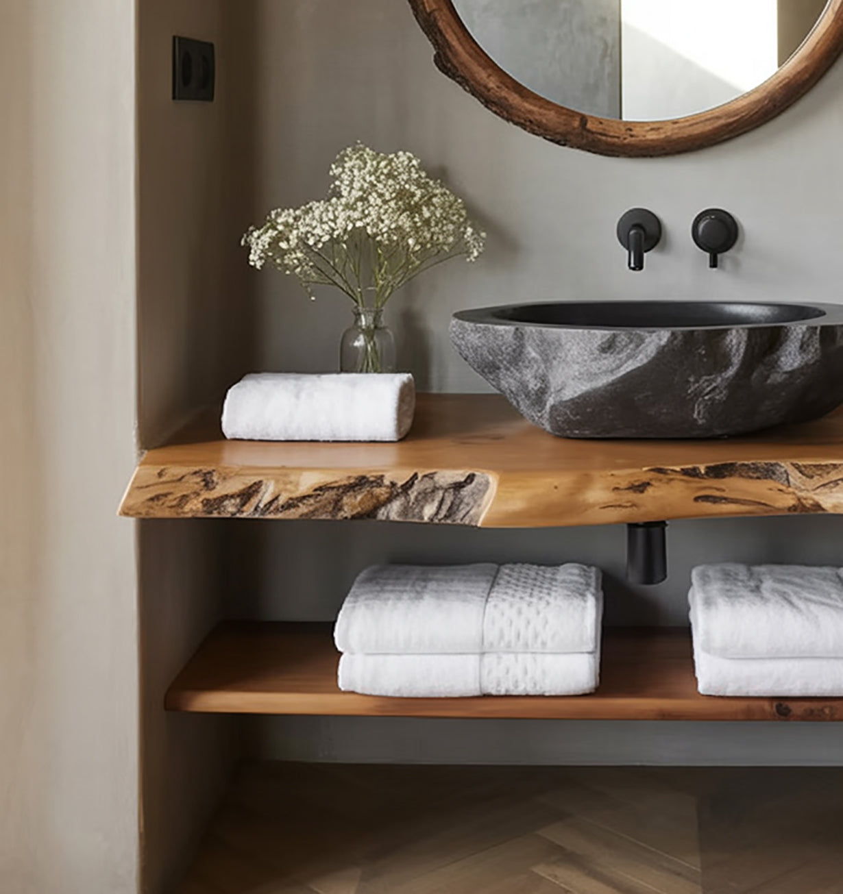 Étagère Murale Flottante en Bois Massif – Décoration Salle de Bain Unique