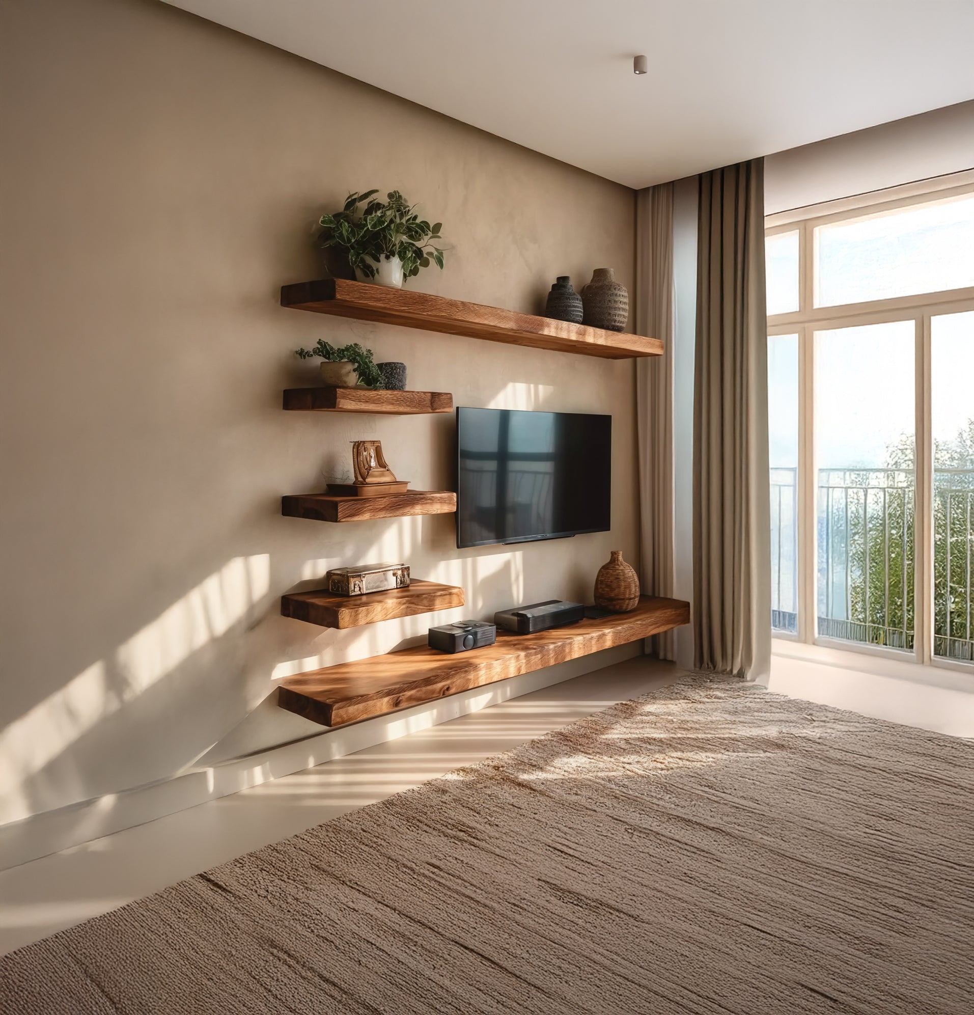 Meuble TV en Bois Massif 2 Pièces & Étagère Murale Rustique pour Salon